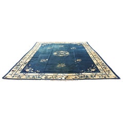 Vintage 1930s Chinese Navy Blue and White Art Deco Rug
