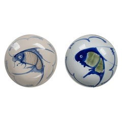 1930s Chinese Pair of Porcelain Blue and White Fish Painted Plates