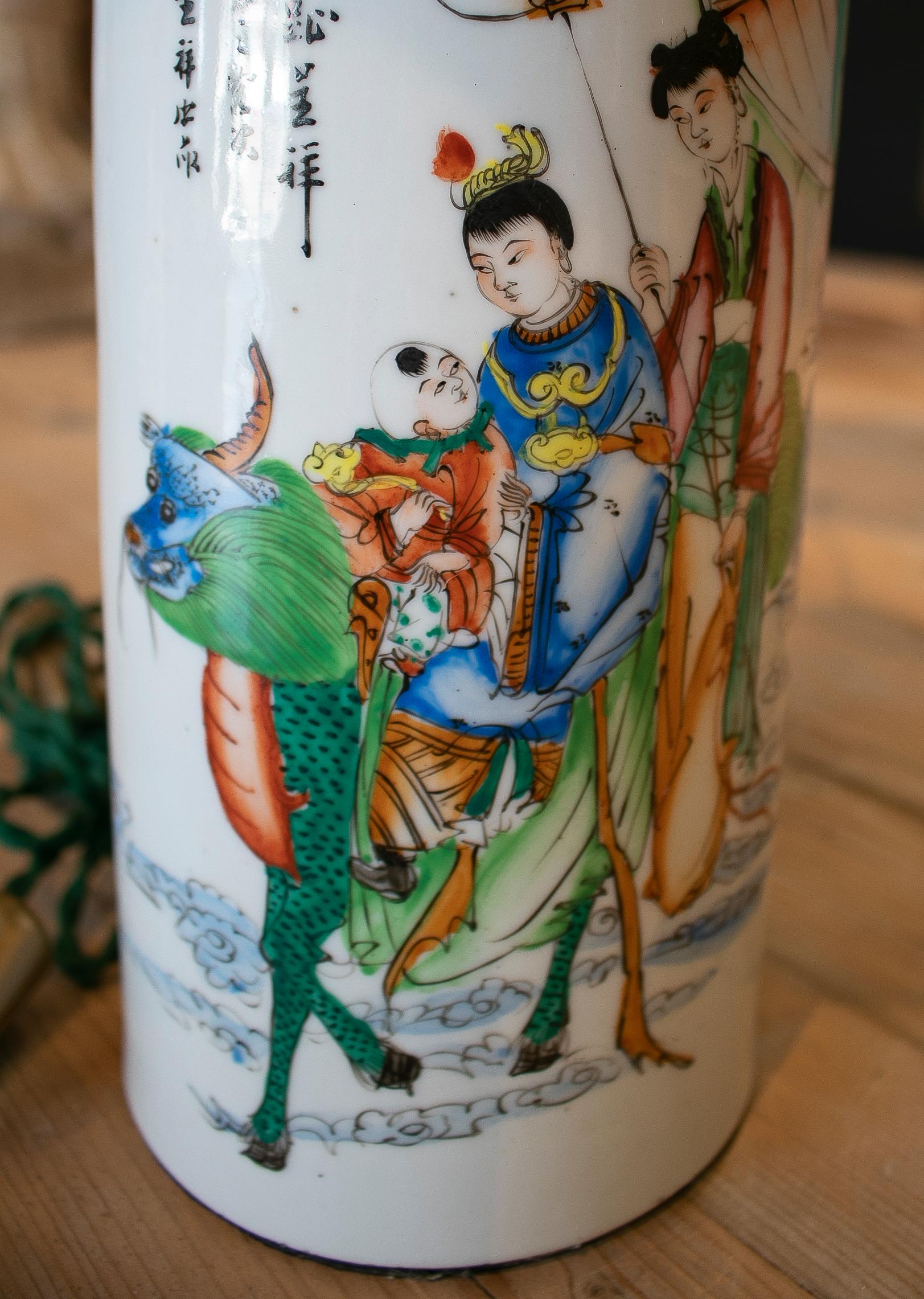 20th Century 1930s Chinese Porcelain Table Lamp w/ People Scenes For Sale