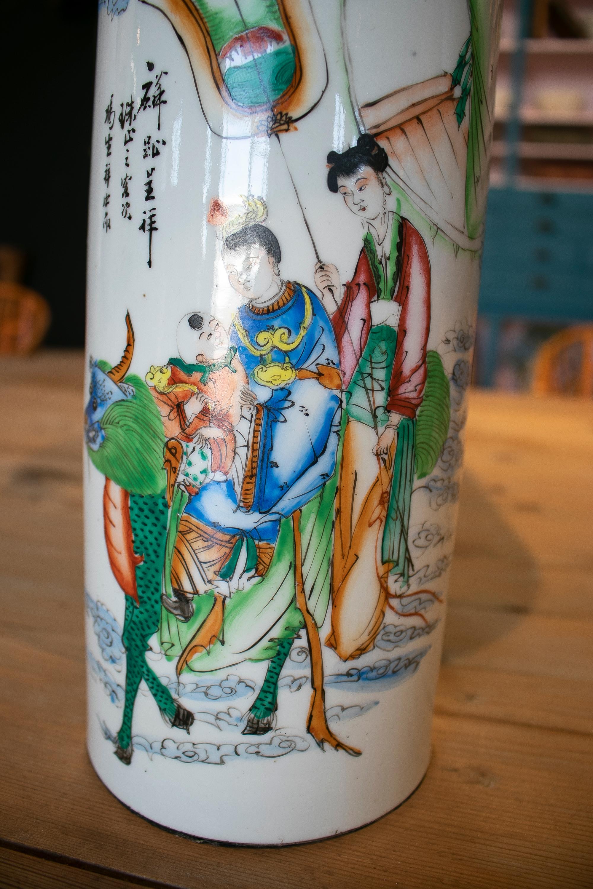 1930s Chinese Porcelain Table Lamp w/ People Scenes For Sale 2