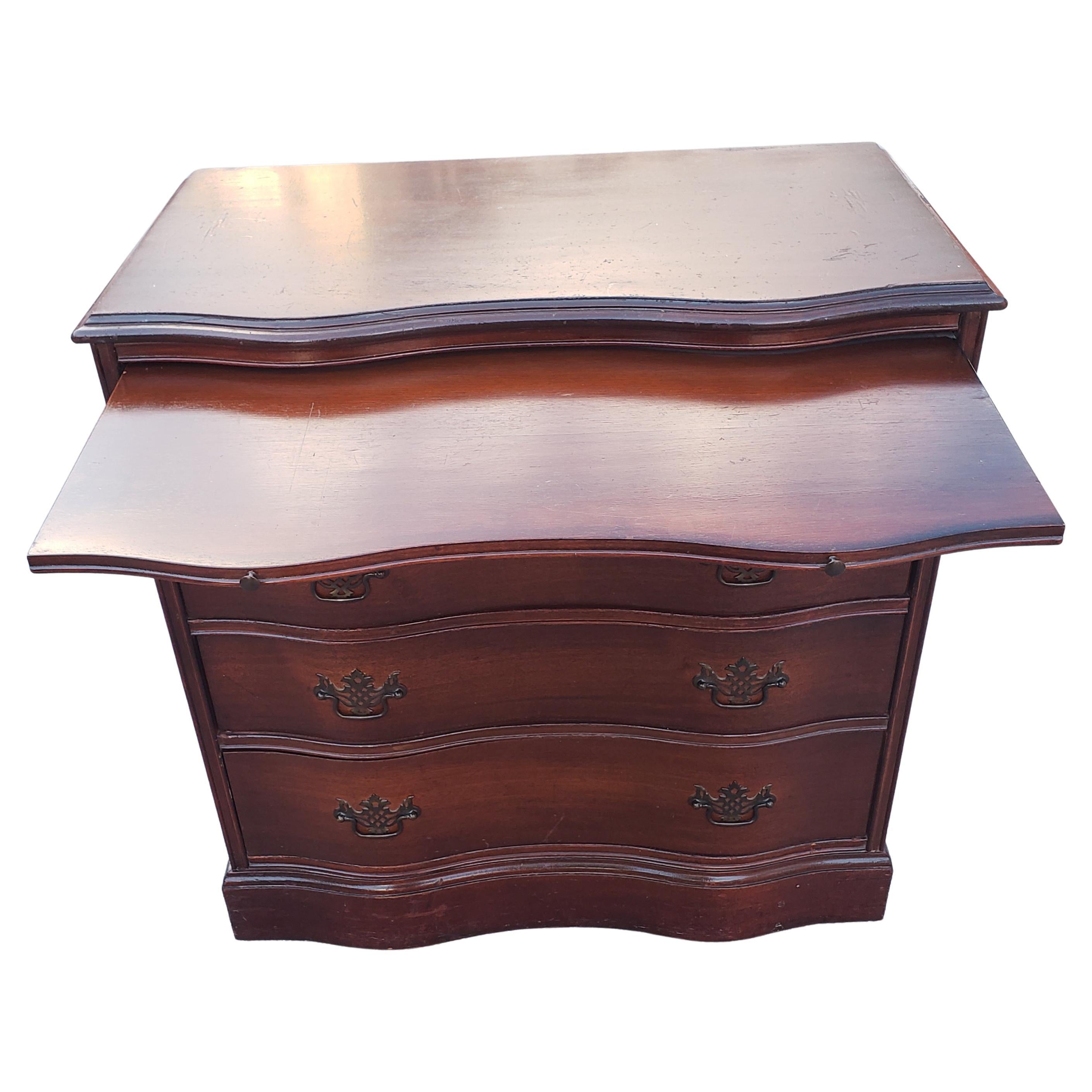 Brass 1930s Chippendale Serpentine Front Mahogany Chest of Drawers with Pull Out Tray