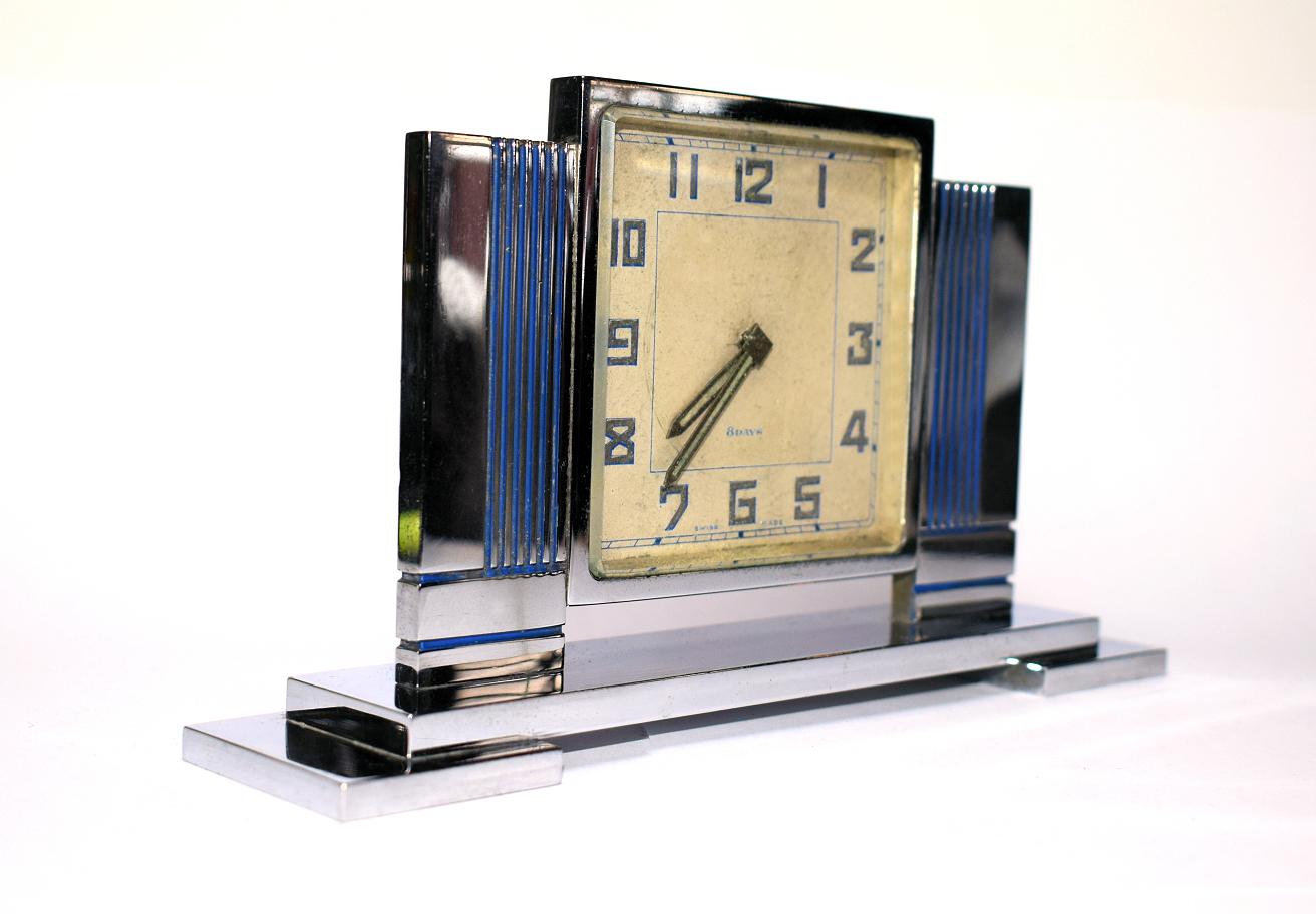 European 1930s Chrome Art Deco Modernist 8 Day Clock