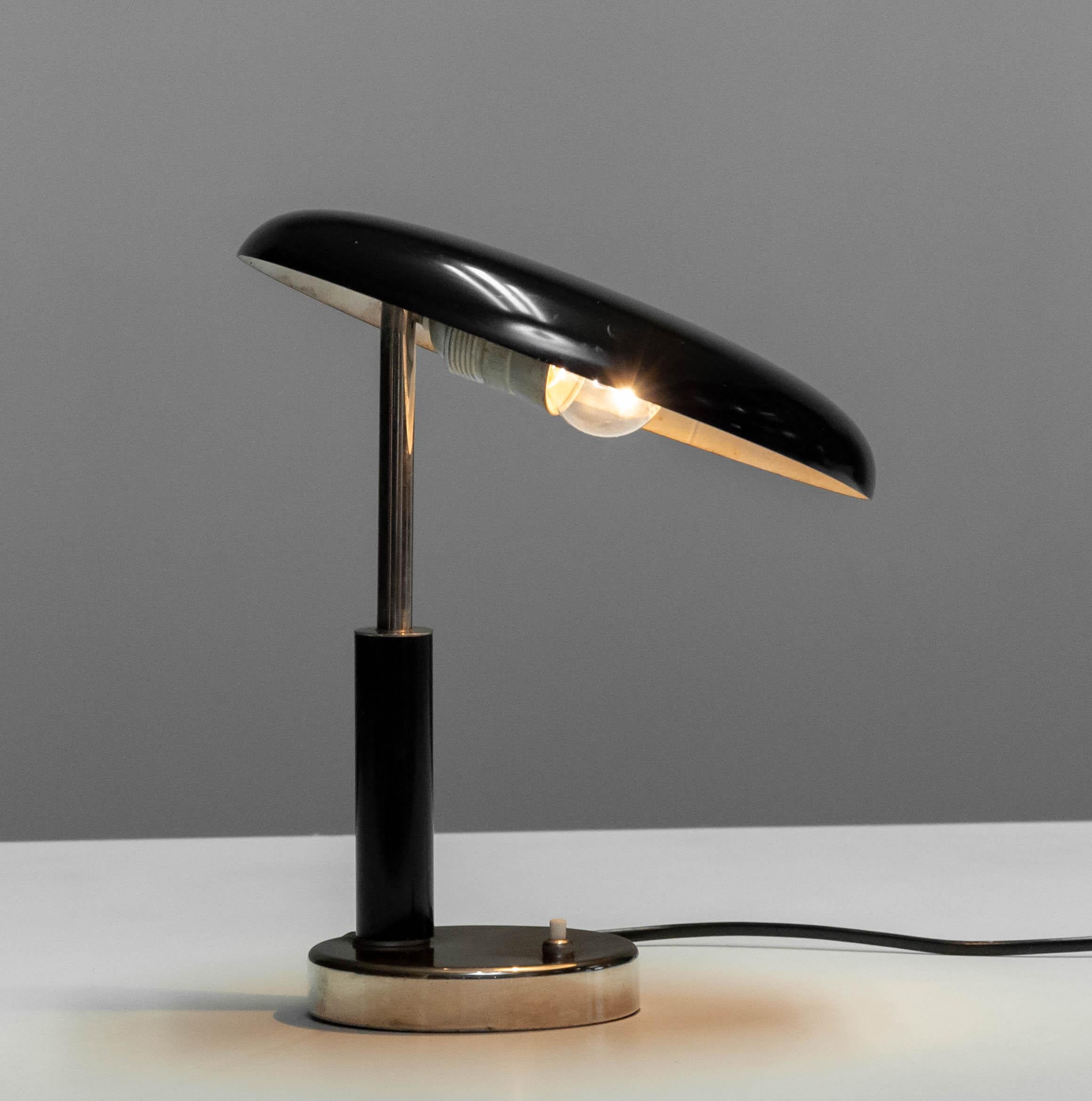 Swedish 1930s Chrome Art Deco Table / Desk Lamp with Fixed Tilted Black Lacquered Shade  For Sale