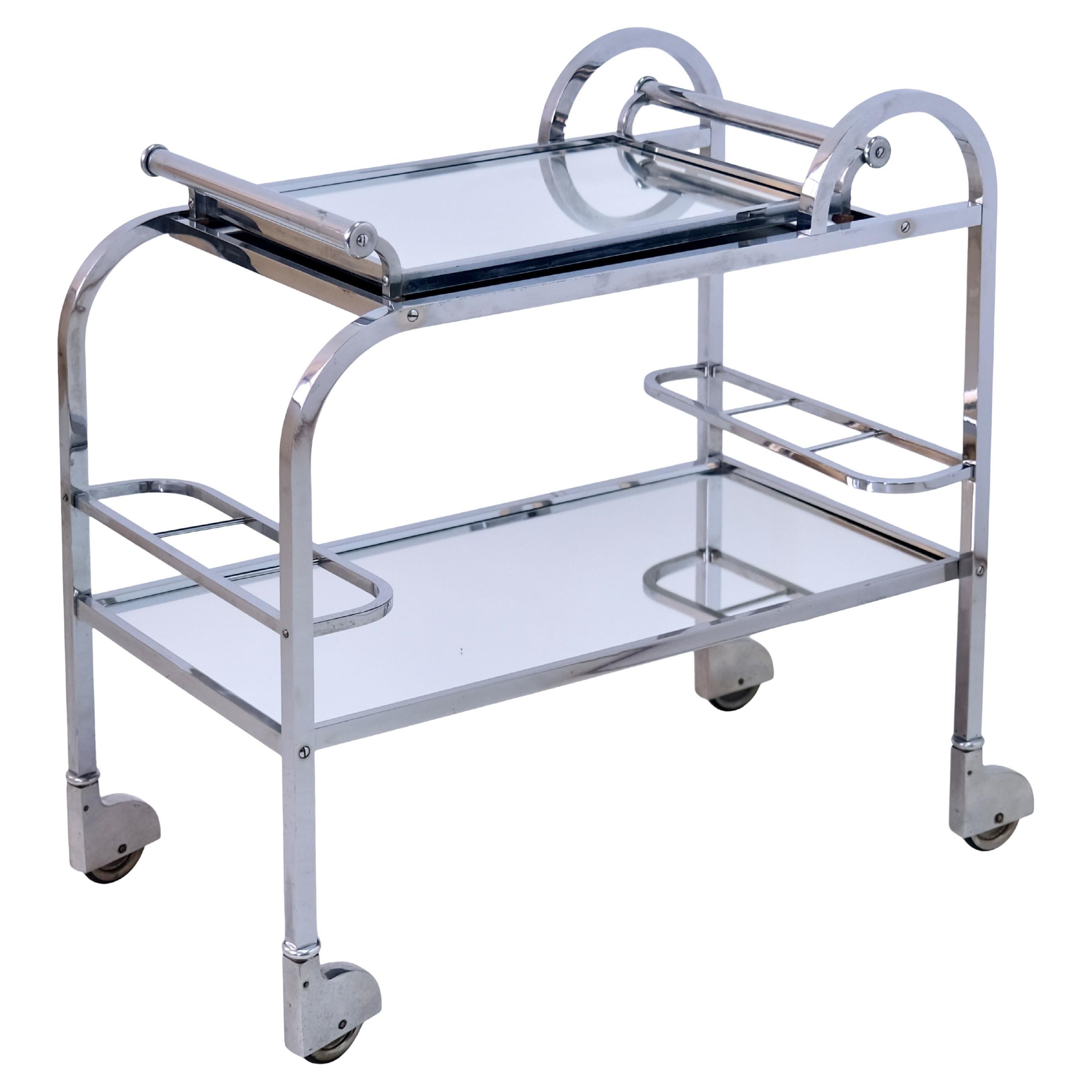 French Art Deco mirrored bar cart on wheels stamped Bar Tugas (modele