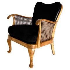 1930s Classic Art Deco Cane and Wood Armchair with Black Velvet Cover
