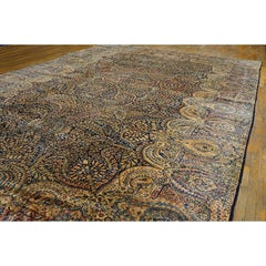1930s Classic Blue Navy Antique Flowers Kirman Formal Knotted Wool Carpet Rug