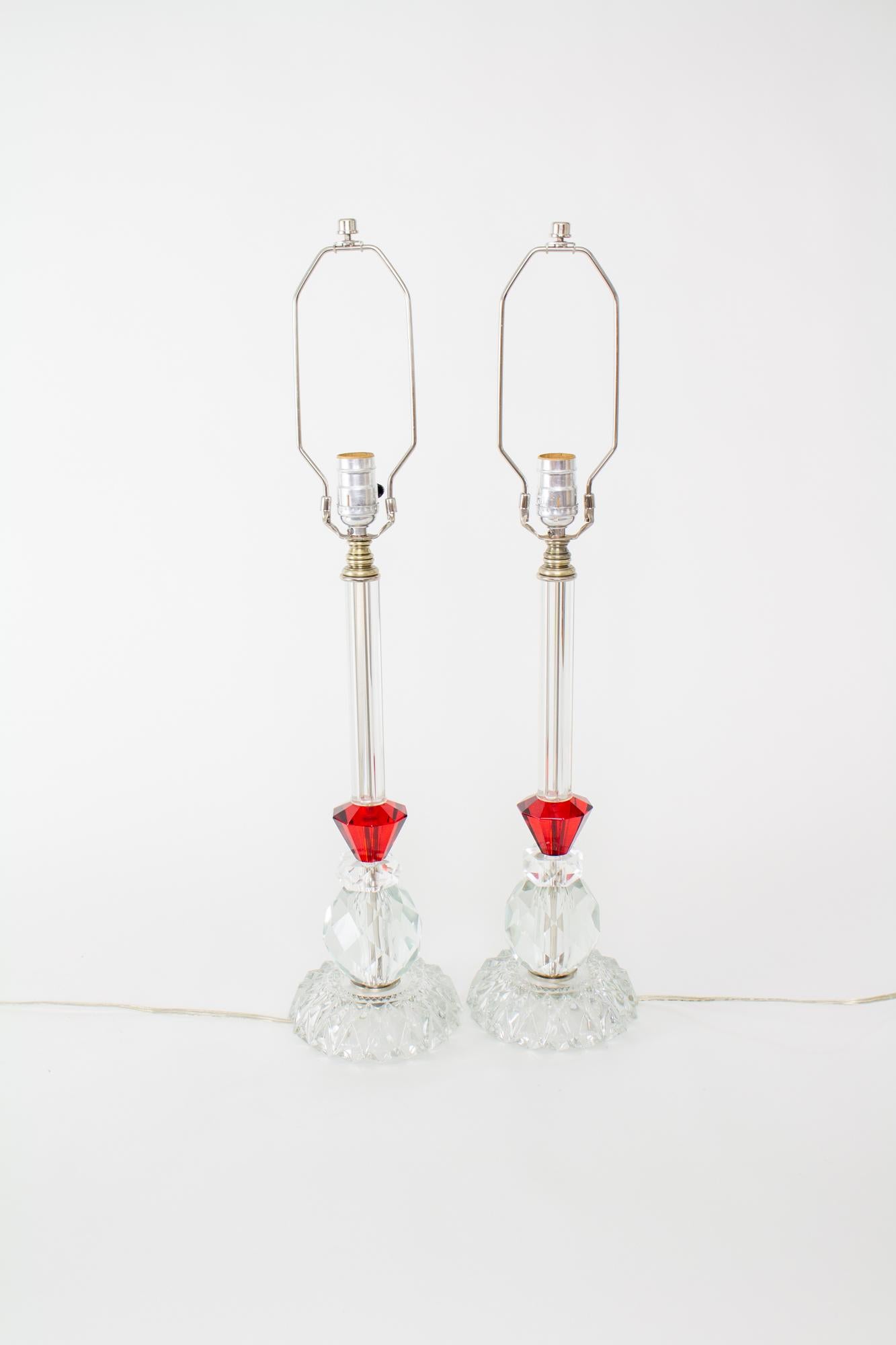 Art Deco 1930's Clear and Red Glass Table Lamps - a Pair For Sale