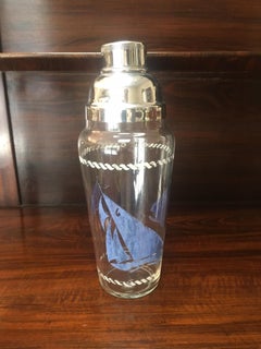 1930s Clear Glass Cocktail Shaker with Blue Transferware Sailboat Design