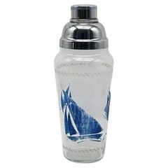 1930s Clear Glass Cocktail Shaker with Blue Transferware Sailboat Design