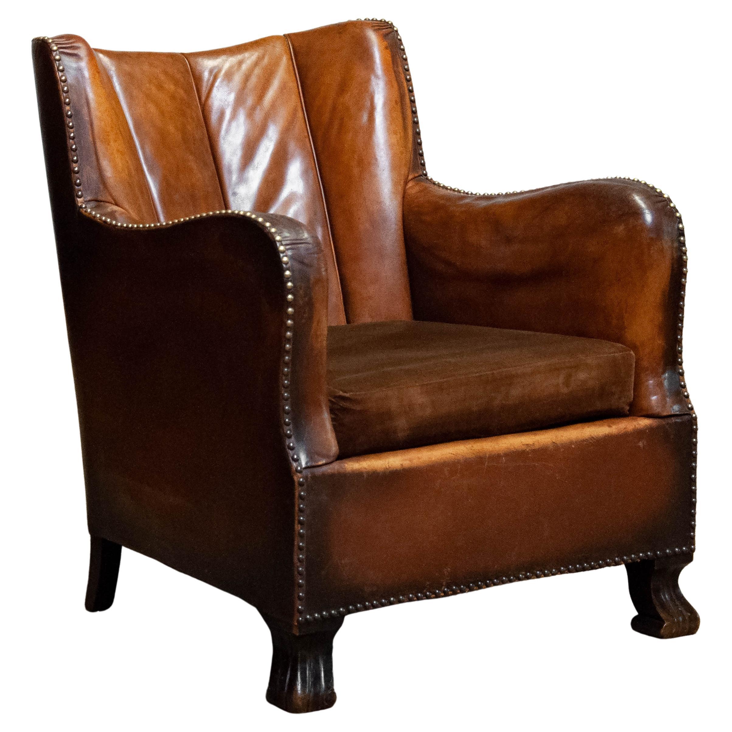 1930s Club Chair in Tan Brown Patinated Leather in the Style of Fritz Hansen For Sale