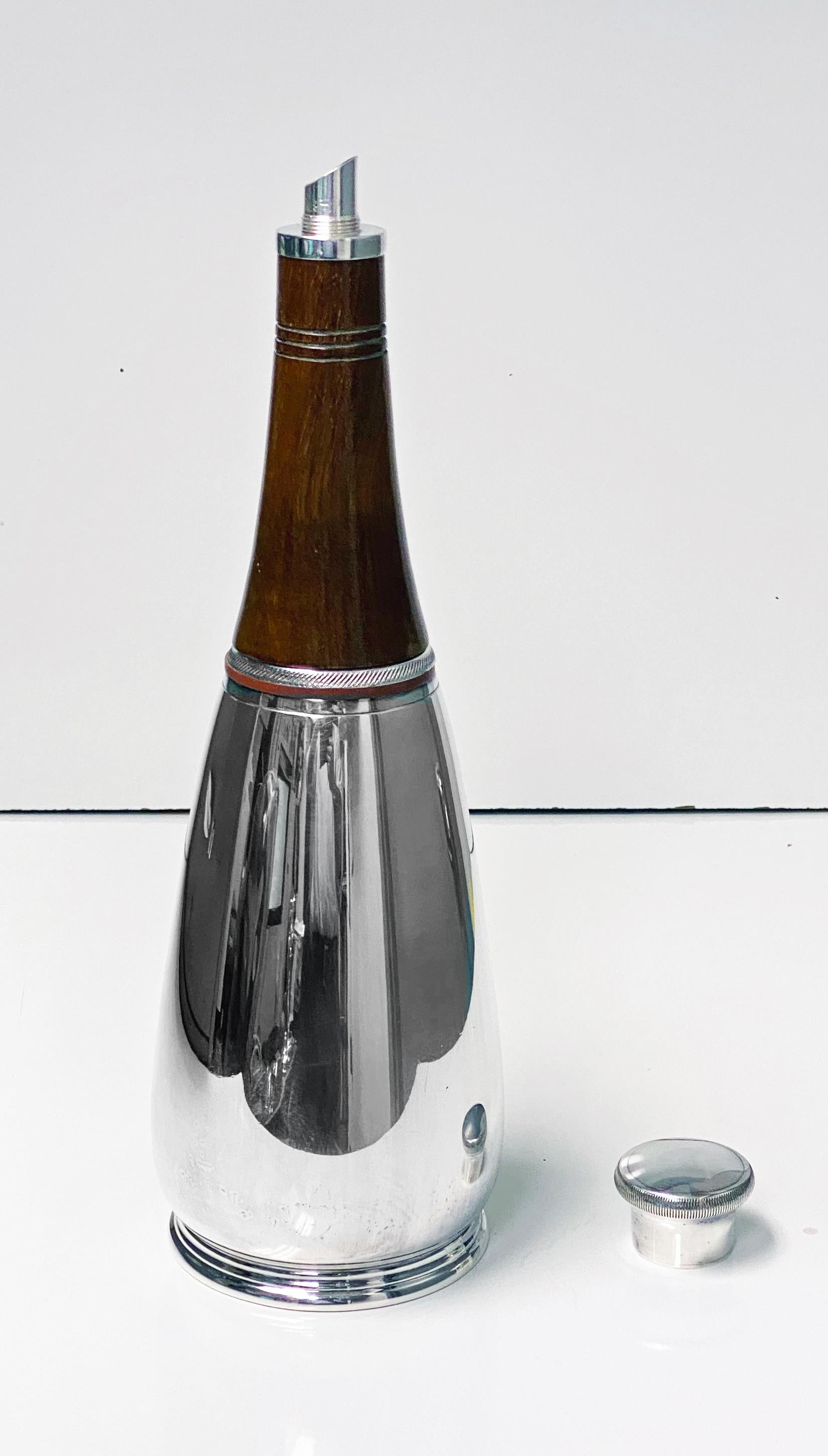 English 1930s Cocktail Shaker Unusual Wood and Silver Plate `Bottle'