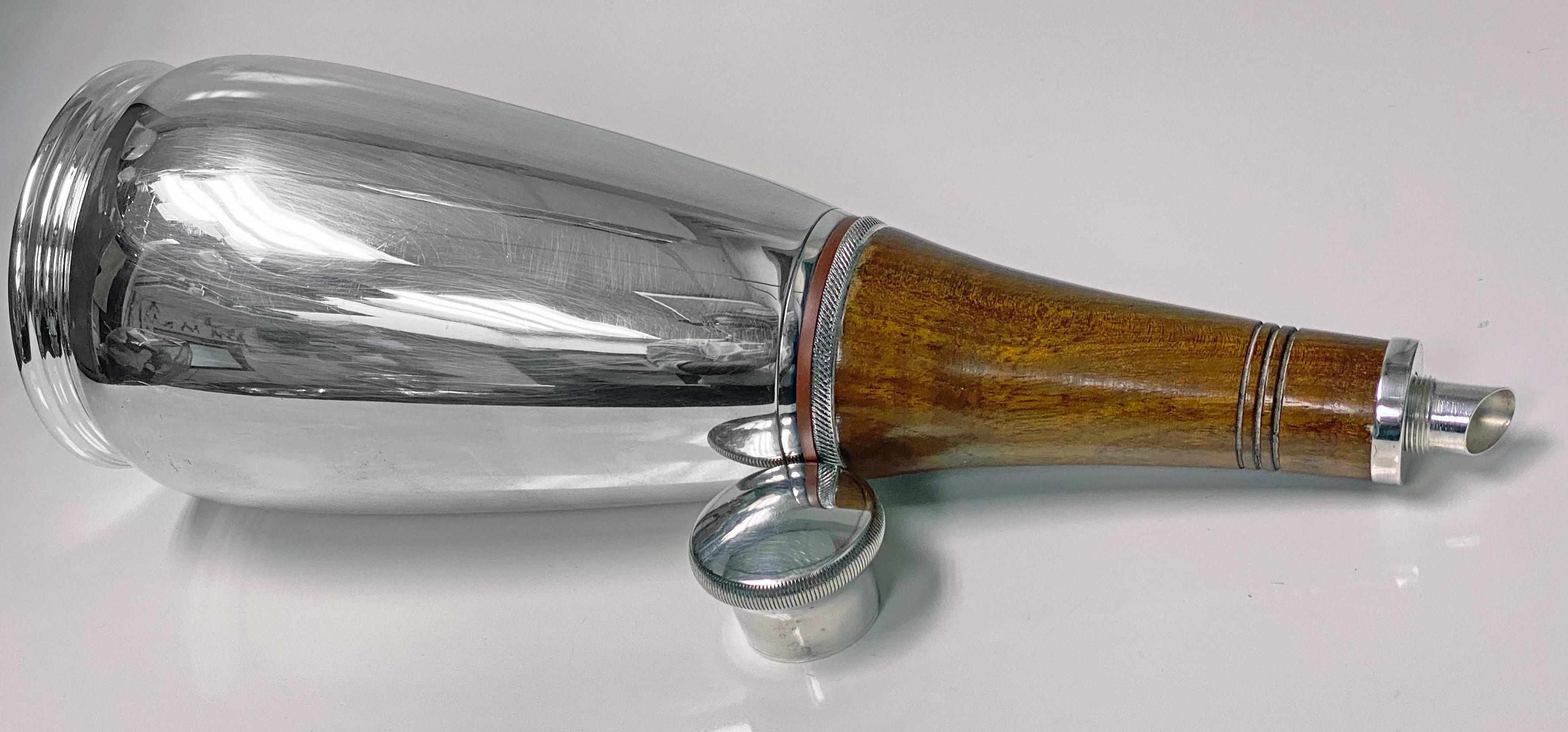 1930s Cocktail Shaker Unusual Wood and Silver Plate `Bottle' In Good Condition In Toronto, Ontario