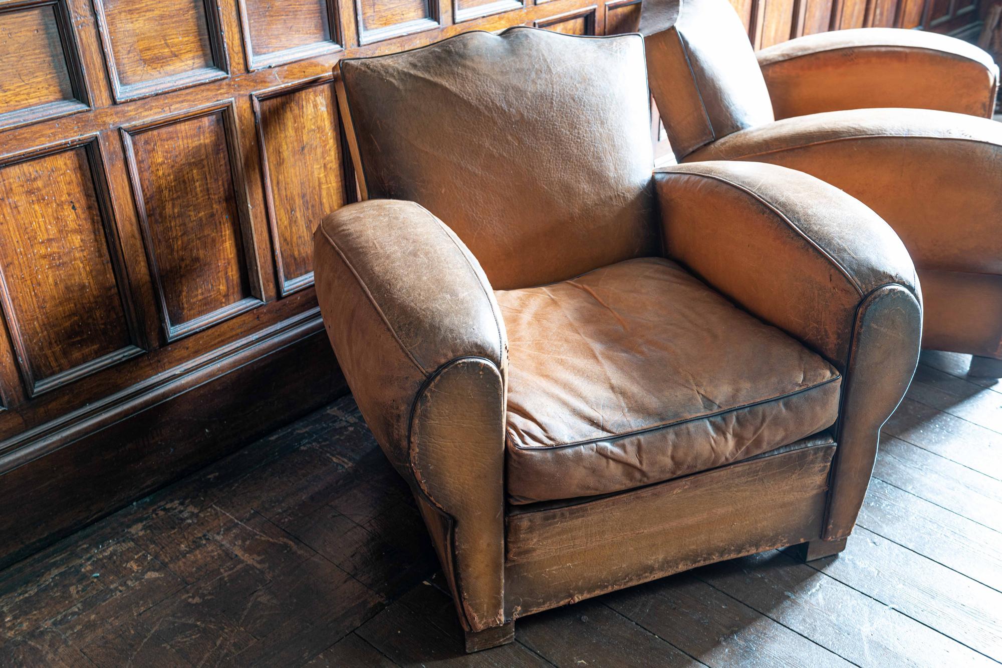 1930's Cognac French Leather Moustache Back Club Chair Sofa Set For Sale 2