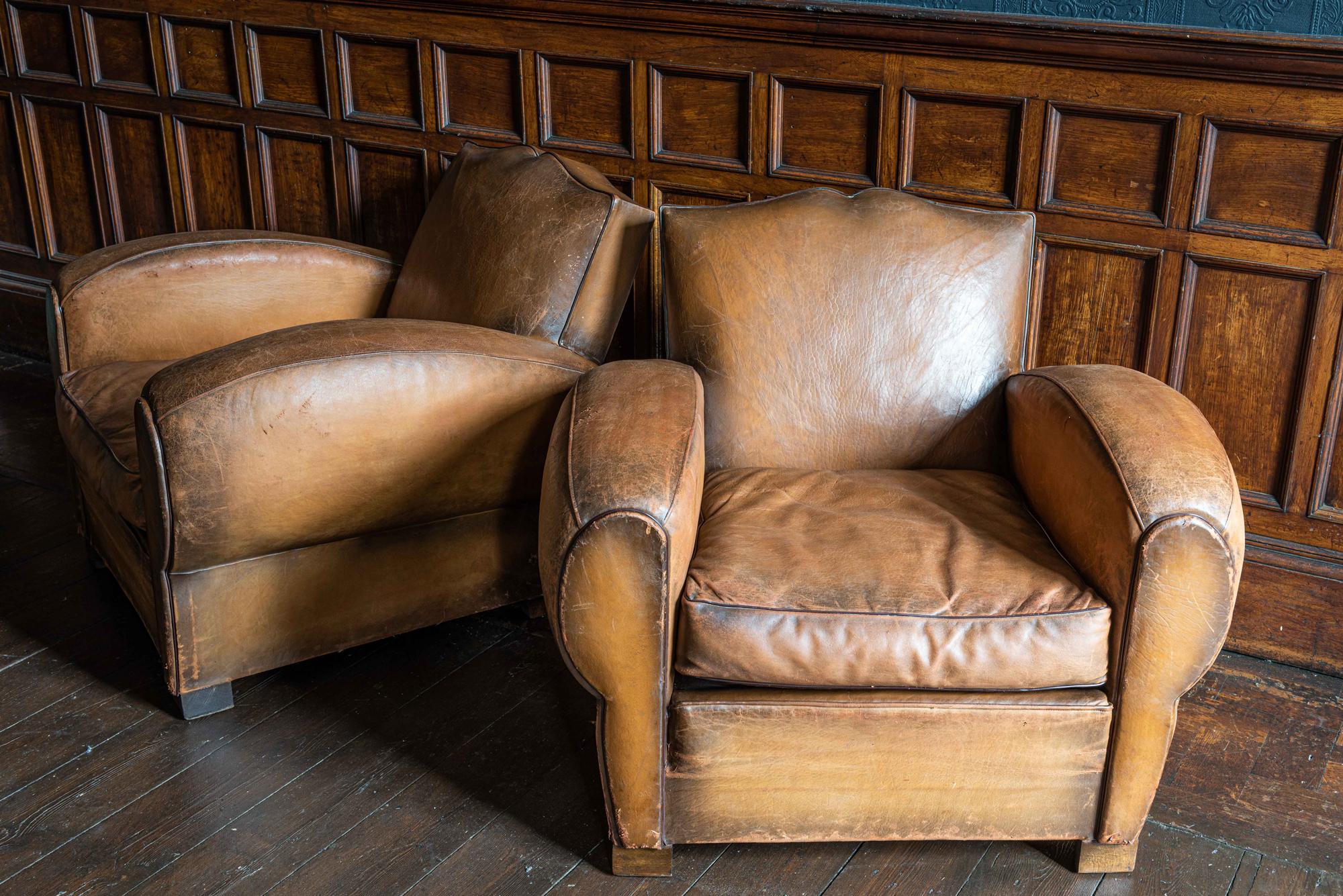 1930's Cognac French Leather Moustache Back Club Chair Sofa Set For Sale 3