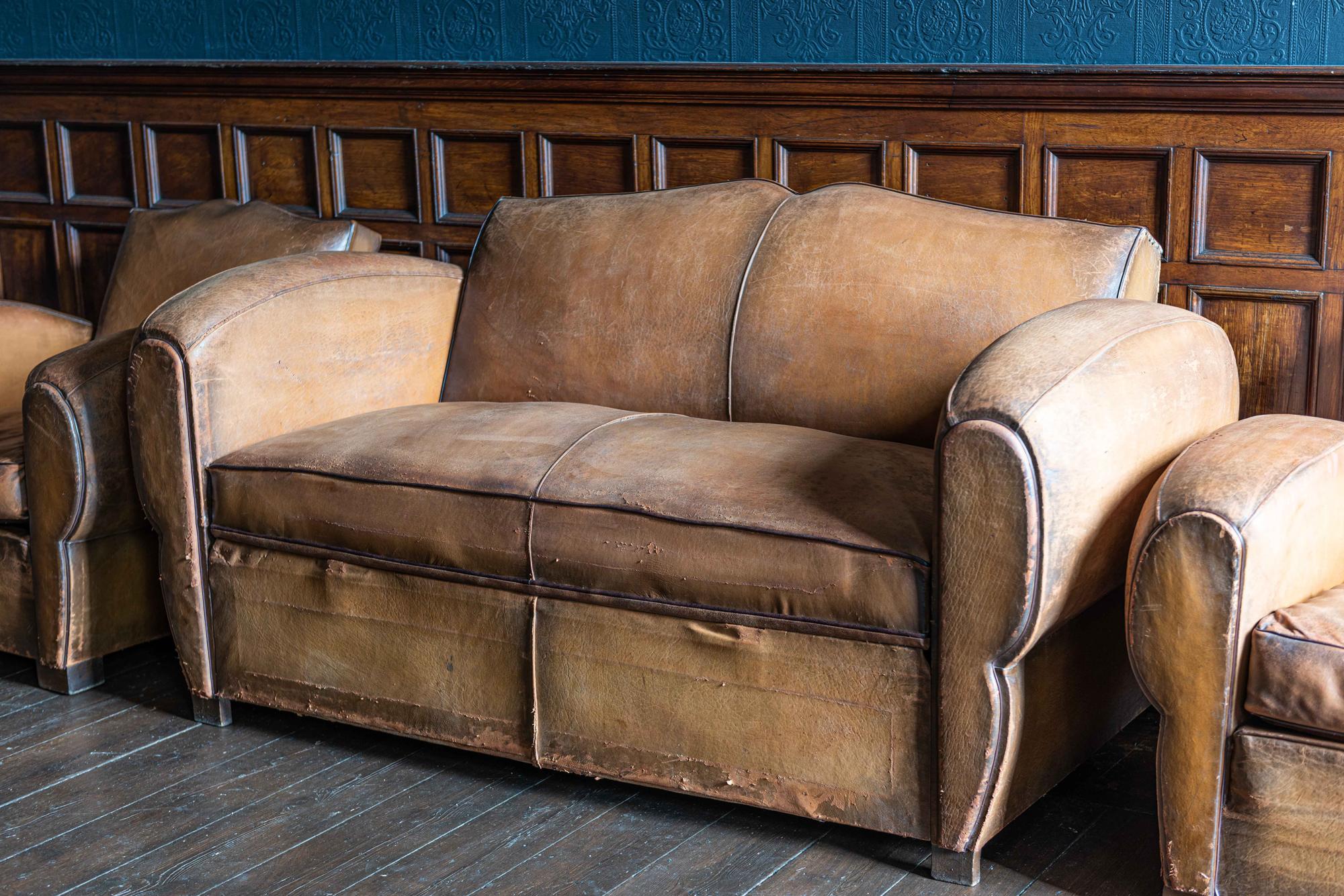 Art Deco 1930's Cognac French Leather Moustache Back Club Chair Sofa Set For Sale