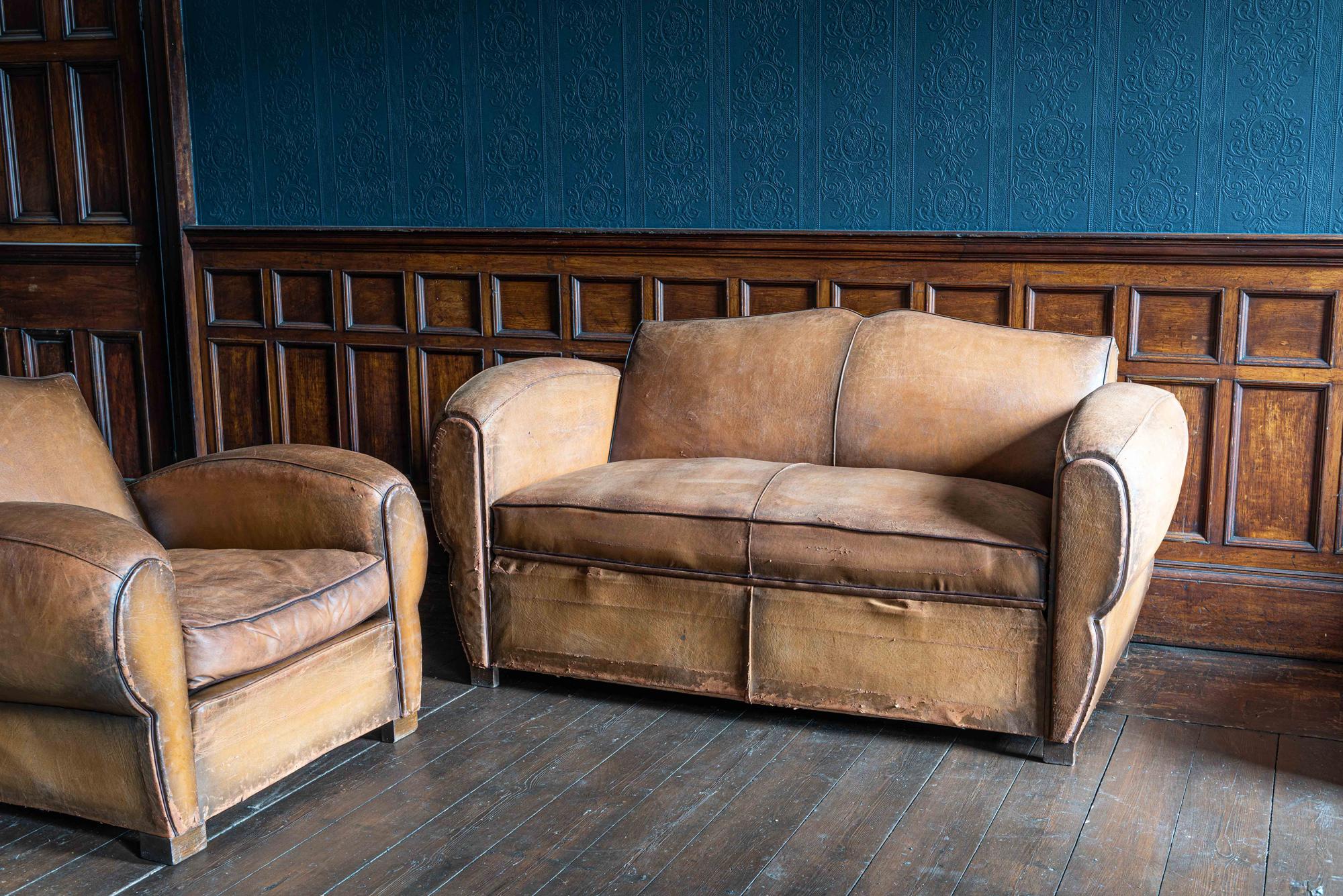 1930's Cognac French Leather Moustache Back Club Chair Sofa Set In Good Condition For Sale In Staffordshire, GB