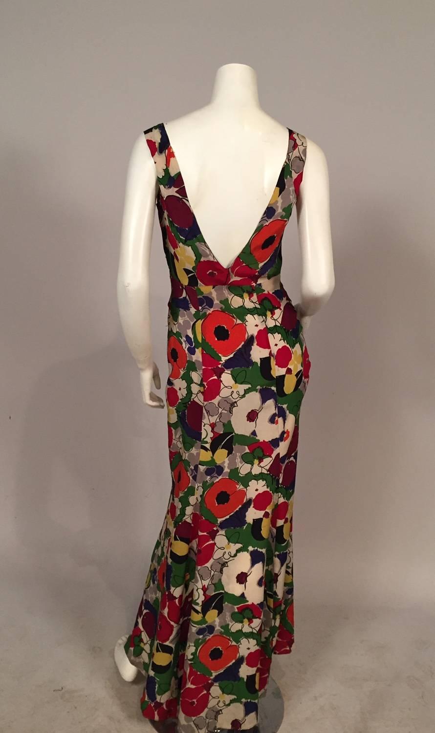 Brown 1930's Colorful Bias Cut Silk Floral Print Evening Dress