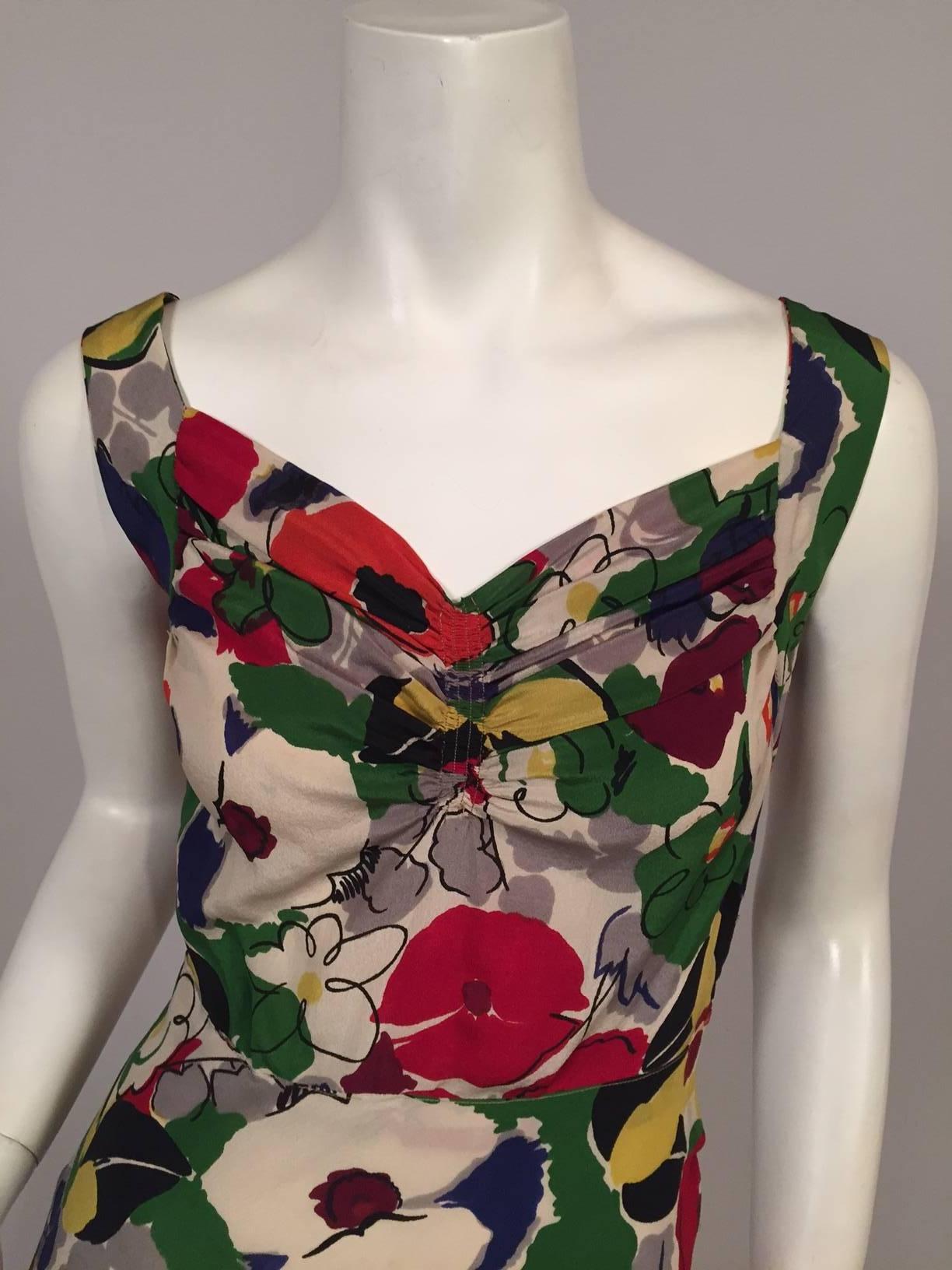 1930's Colorful Bias Cut Silk Floral Print Evening Dress In Good Condition In New Hope, PA