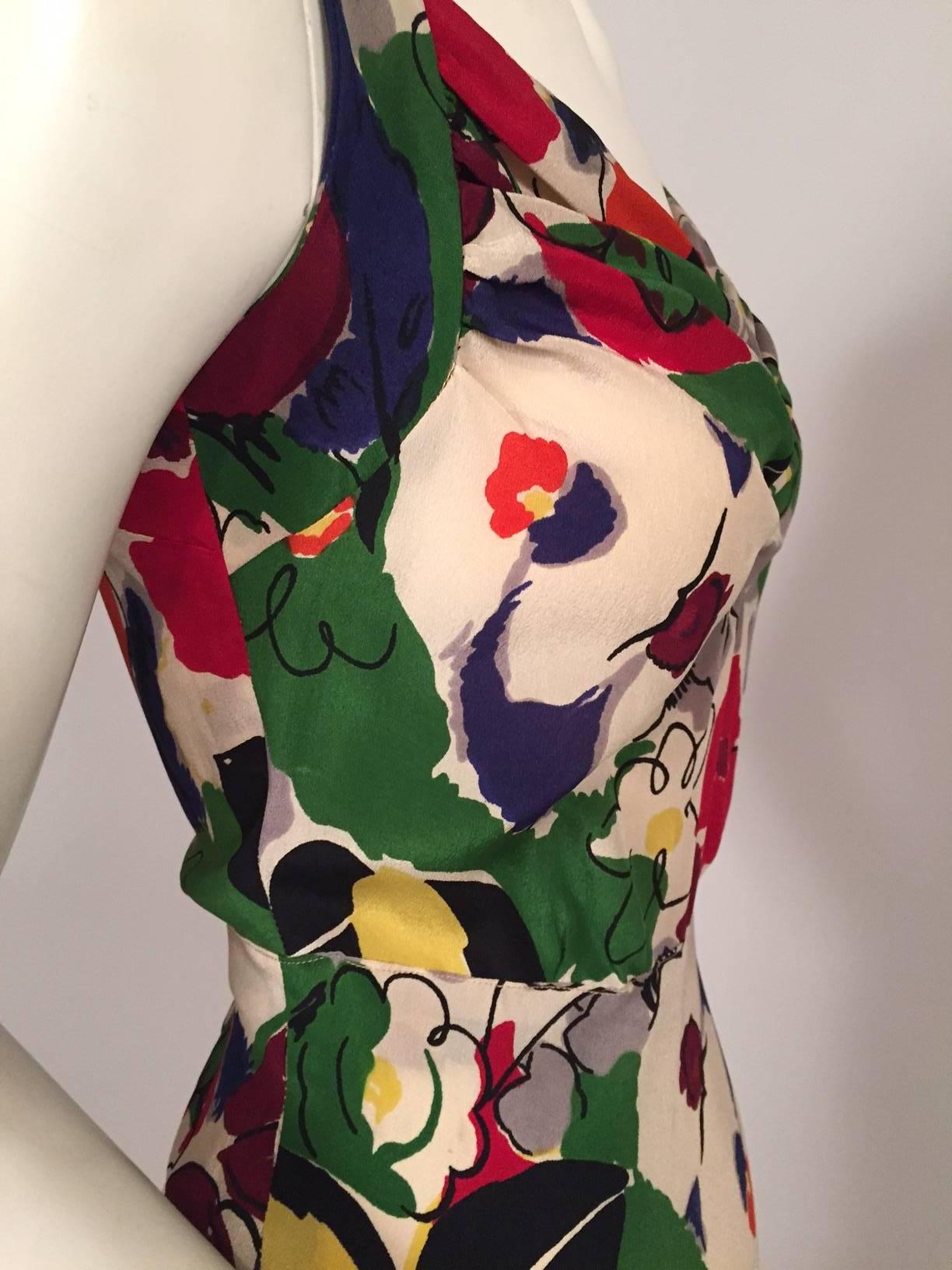 Women's 1930's Colorful Bias Cut Silk Floral Print Evening Dress