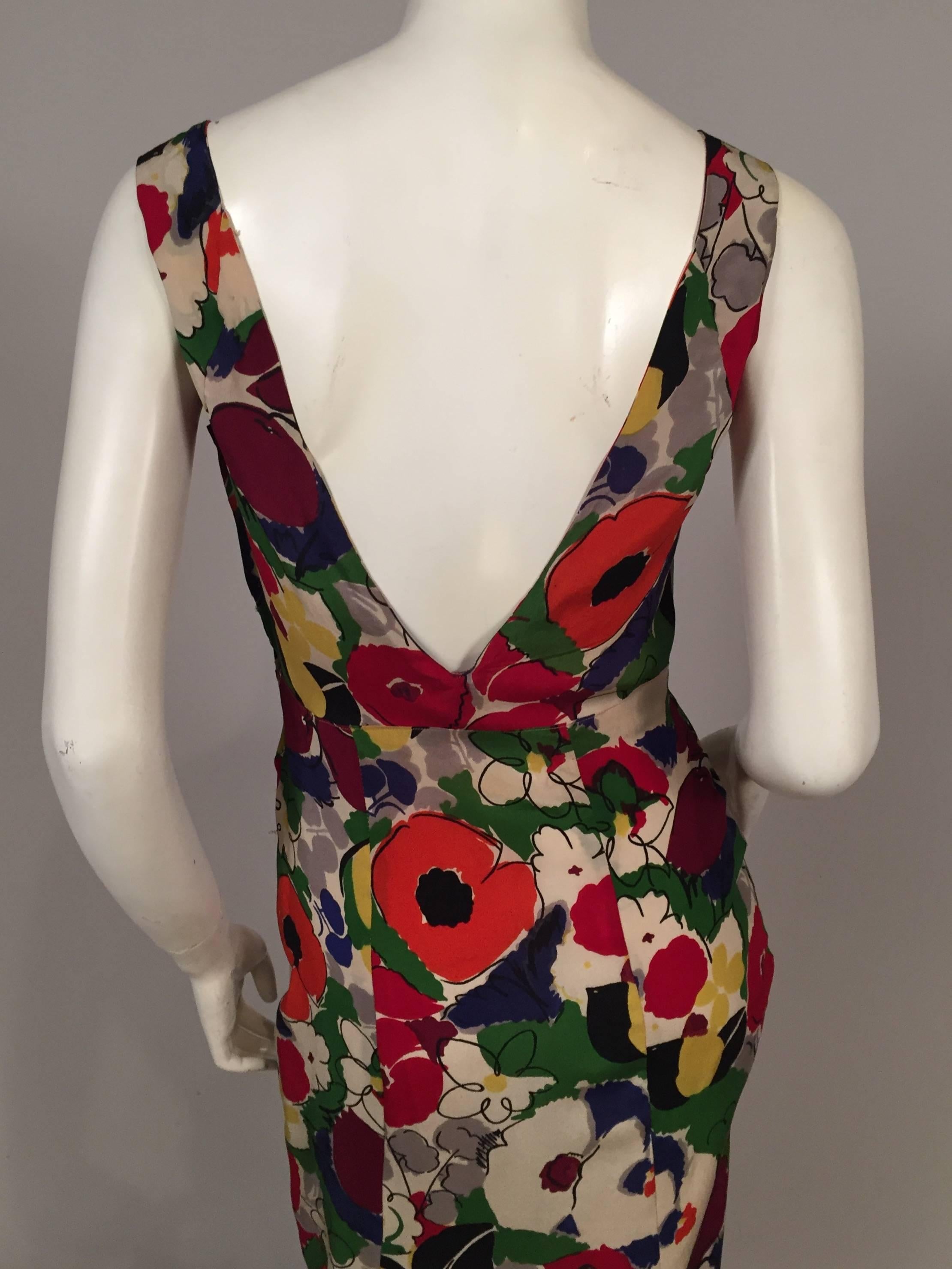 1930's Colorful Bias Cut Silk Floral Print Evening Dress 1