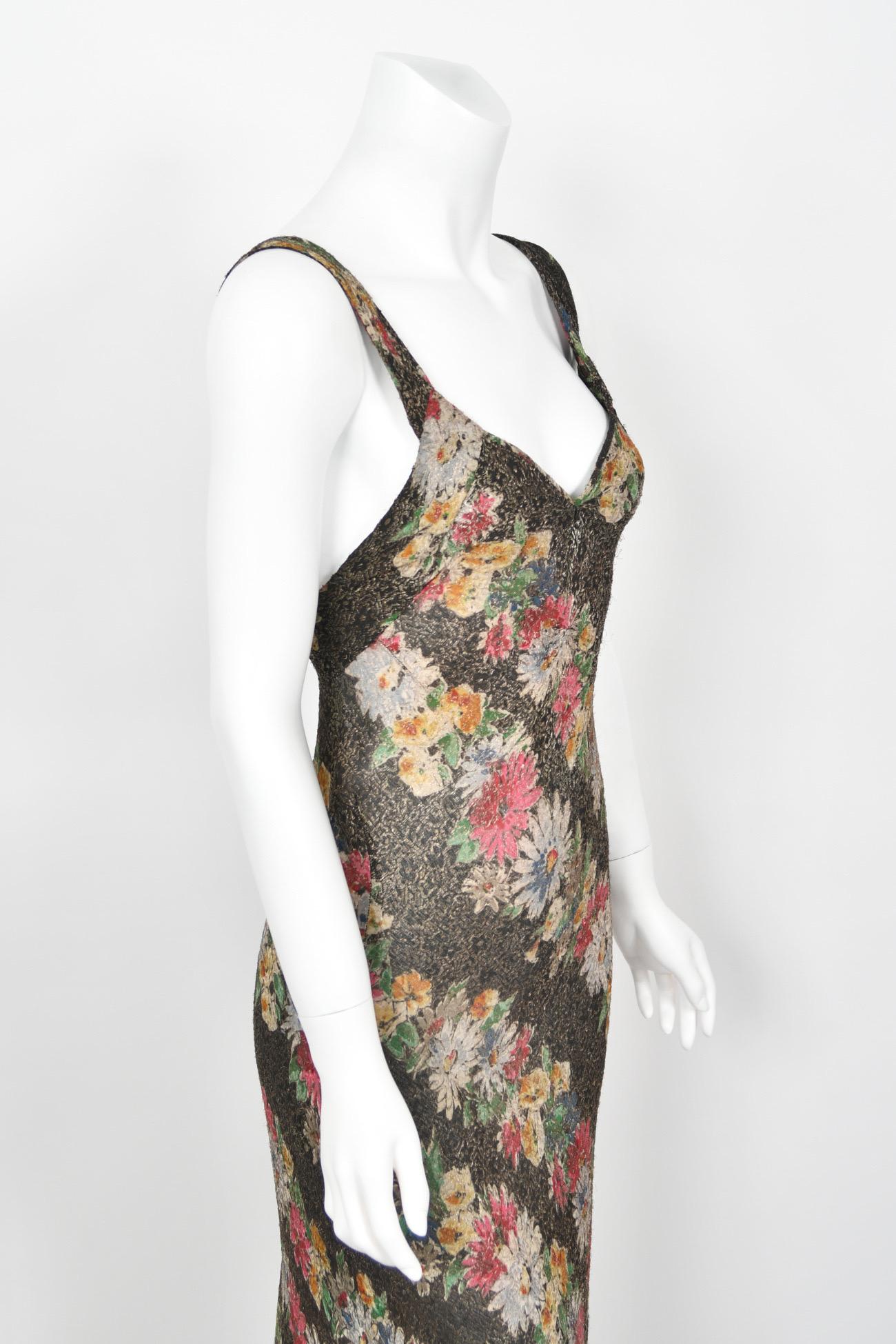1930's Colorful Metallic Floral Motif Lamé Cut Out Back Hourglass Bias-Cut Gown 5