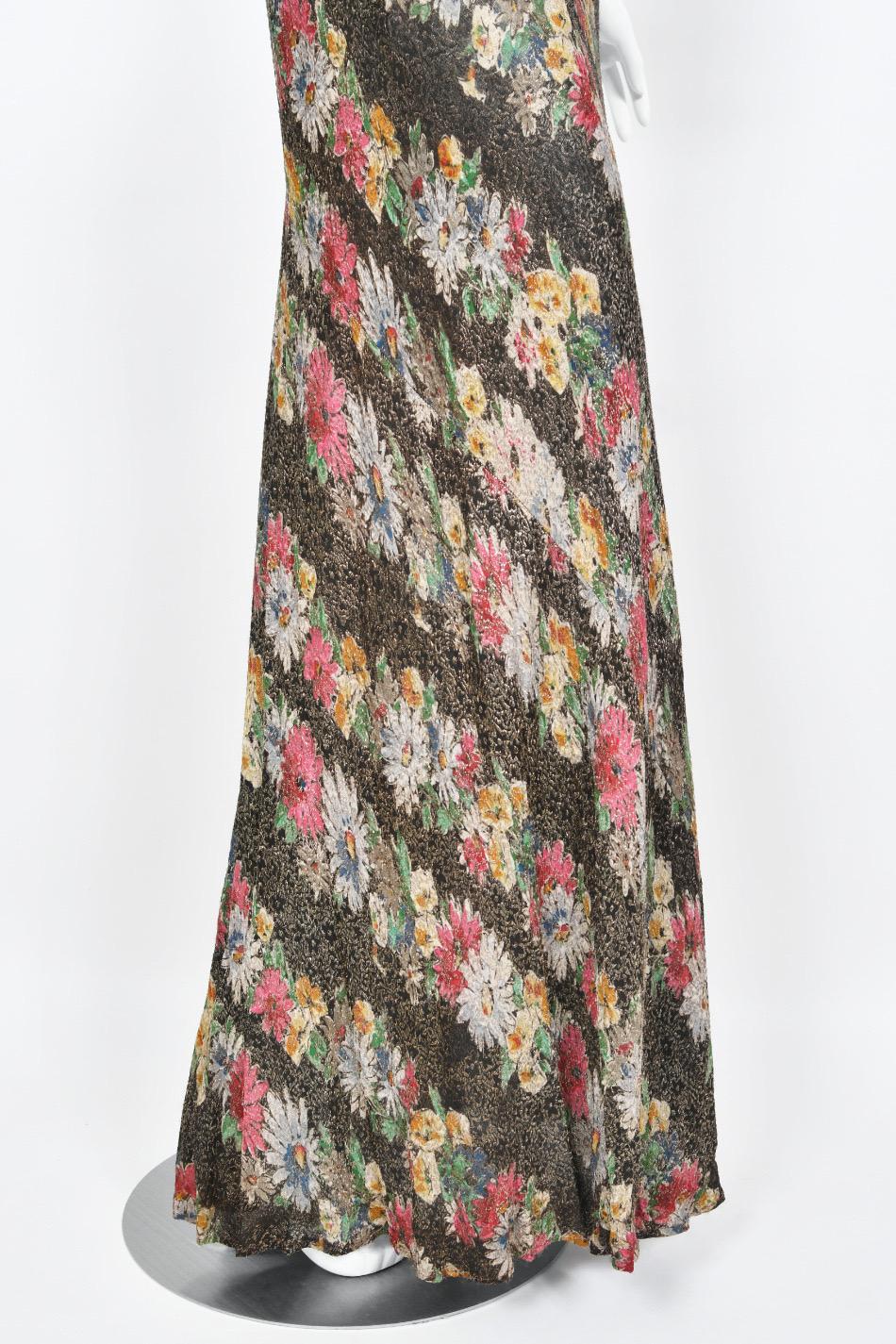 1930's Colorful Metallic Floral Motif Lamé Cut Out Back Hourglass Bias-Cut Gown 6