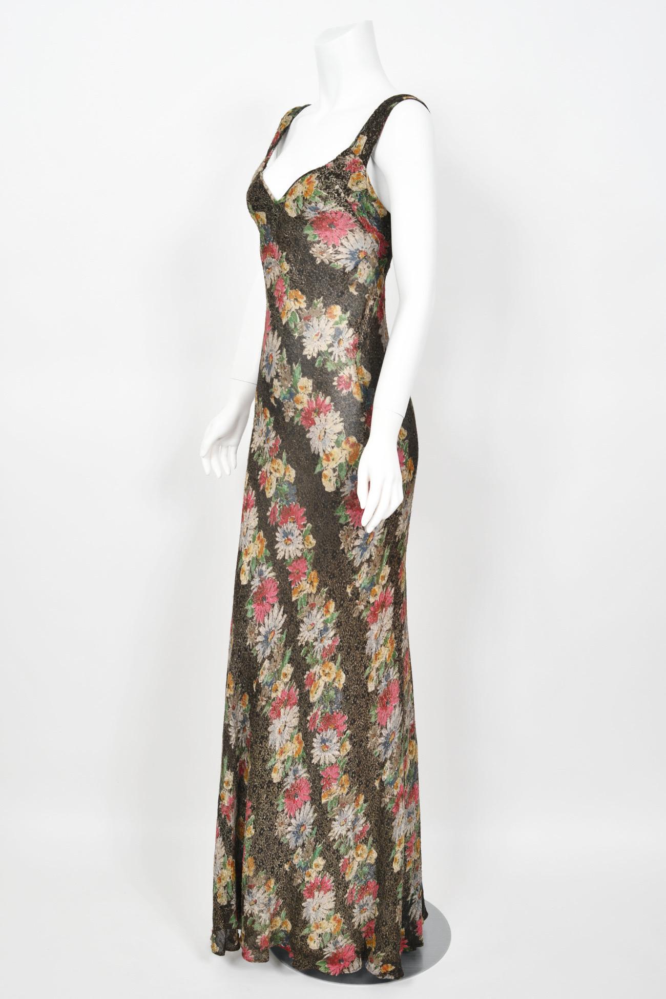 1930's Colorful Metallic Floral Motif Lamé Cut Out Back Hourglass Bias-Cut Gown 7