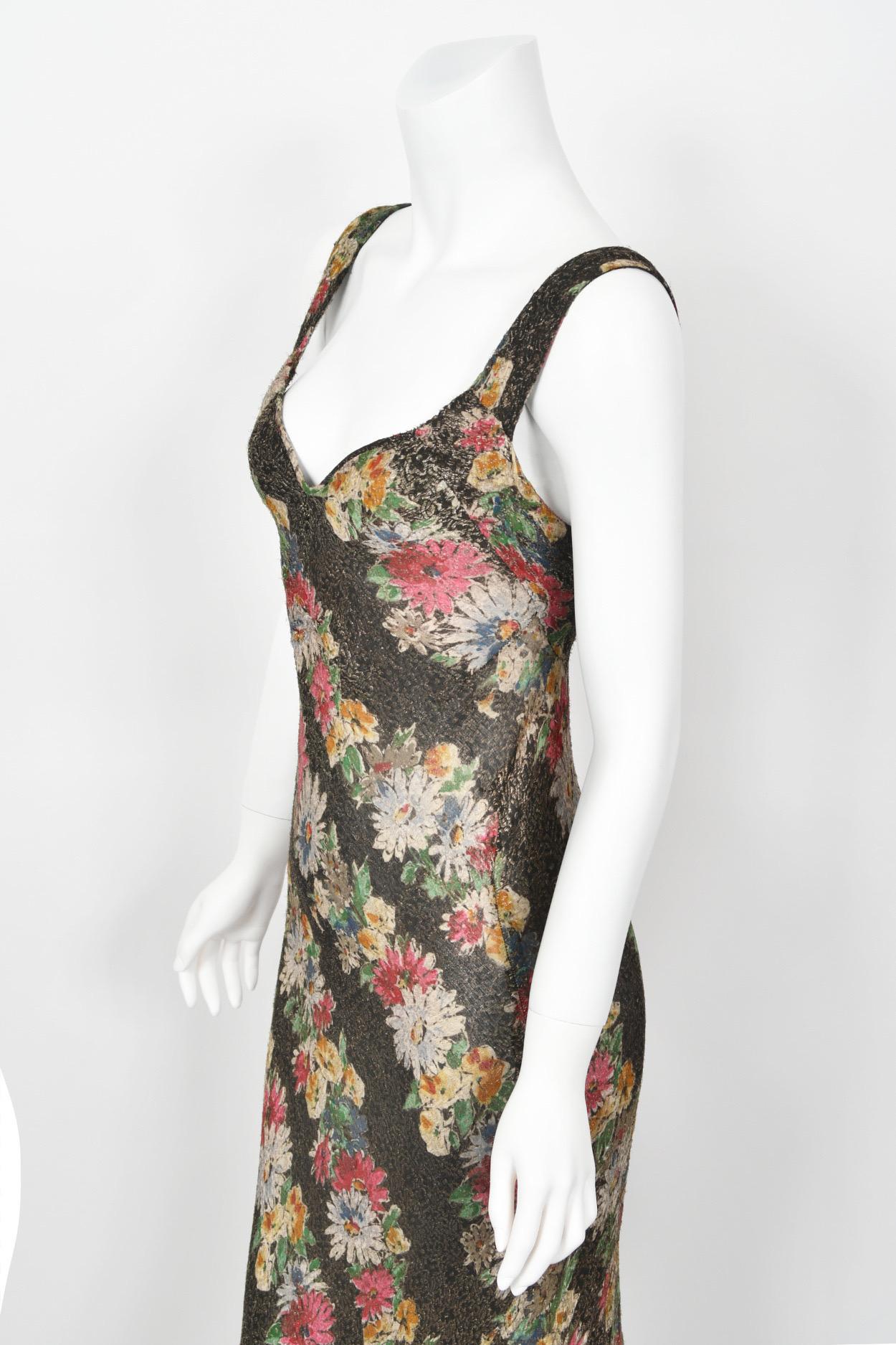 1930's Colorful Metallic Floral Motif Lamé Cut Out Back Hourglass Bias-Cut Gown 8