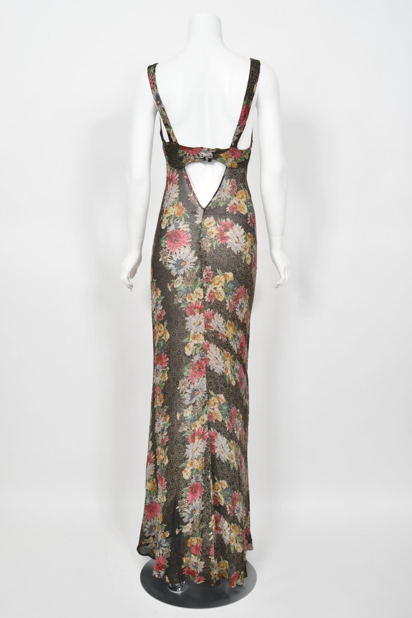 1930's Colorful Metallic Floral Motif Lamé Cut Out Back Hourglass Bias-Cut Gown 12
