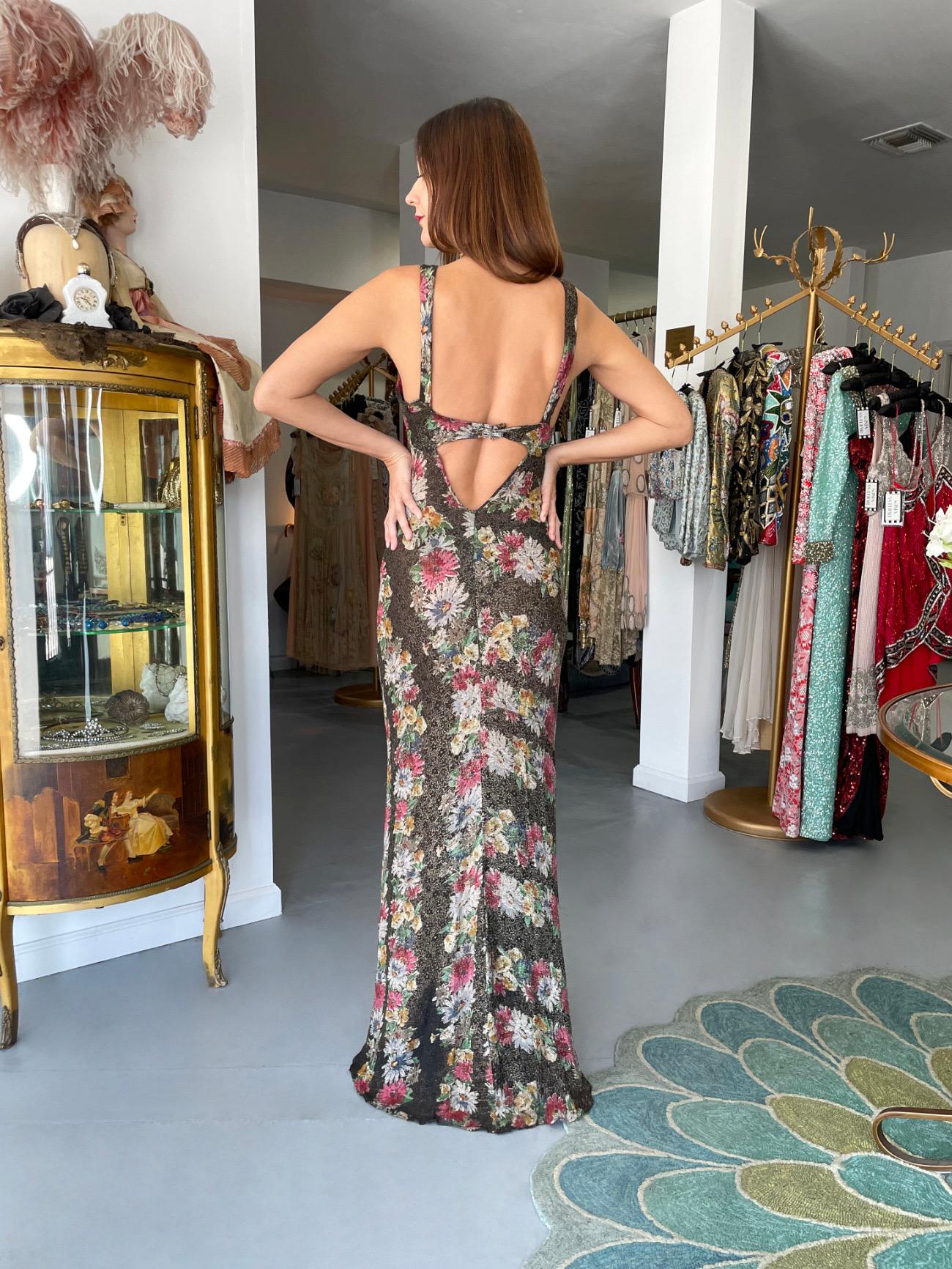 1930's Colorful Metallic Floral Motif Lamé Cut Out Back Hourglass Bias-Cut Gown 14