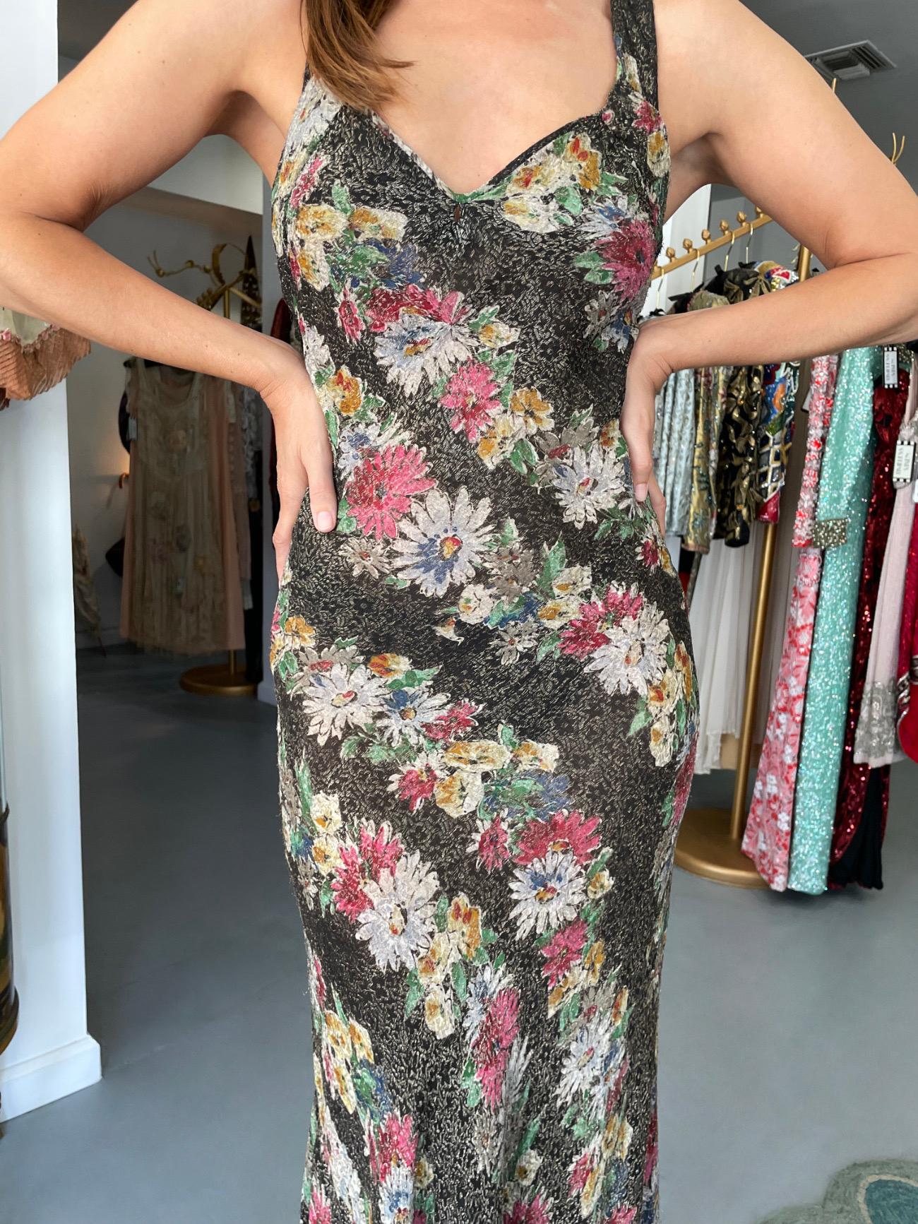 Women's 1930's Colorful Metallic Floral Motif Lamé Cut Out Back Hourglass Bias-Cut Gown