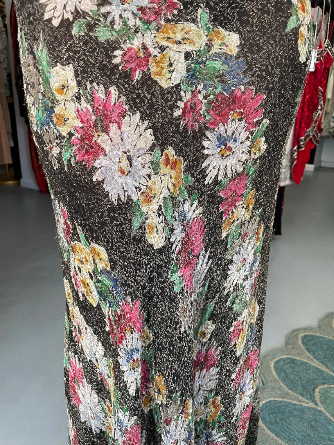 1930's Colorful Metallic Floral Motif Lamé Cut Out Back Hourglass Bias-Cut Gown 1