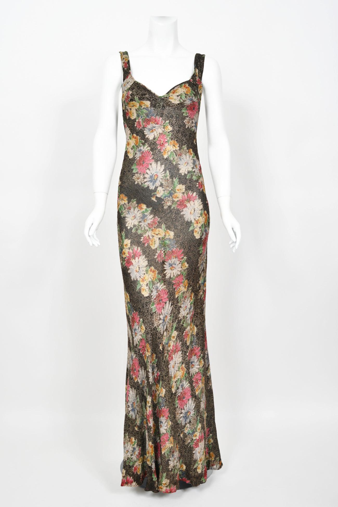 1930's Colorful Metallic Floral Motif Lamé Cut Out Back Hourglass Bias-Cut Gown 2