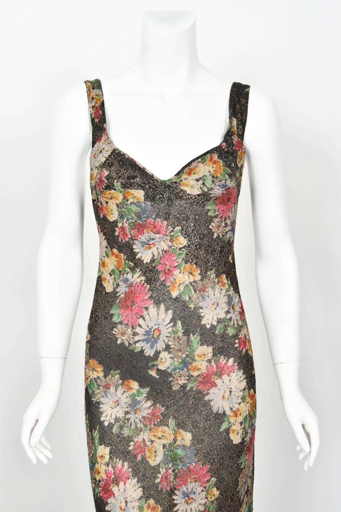 1930's Colorful Metallic Floral Motif Lamé Cut Out Back Hourglass Bias-Cut Gown 3