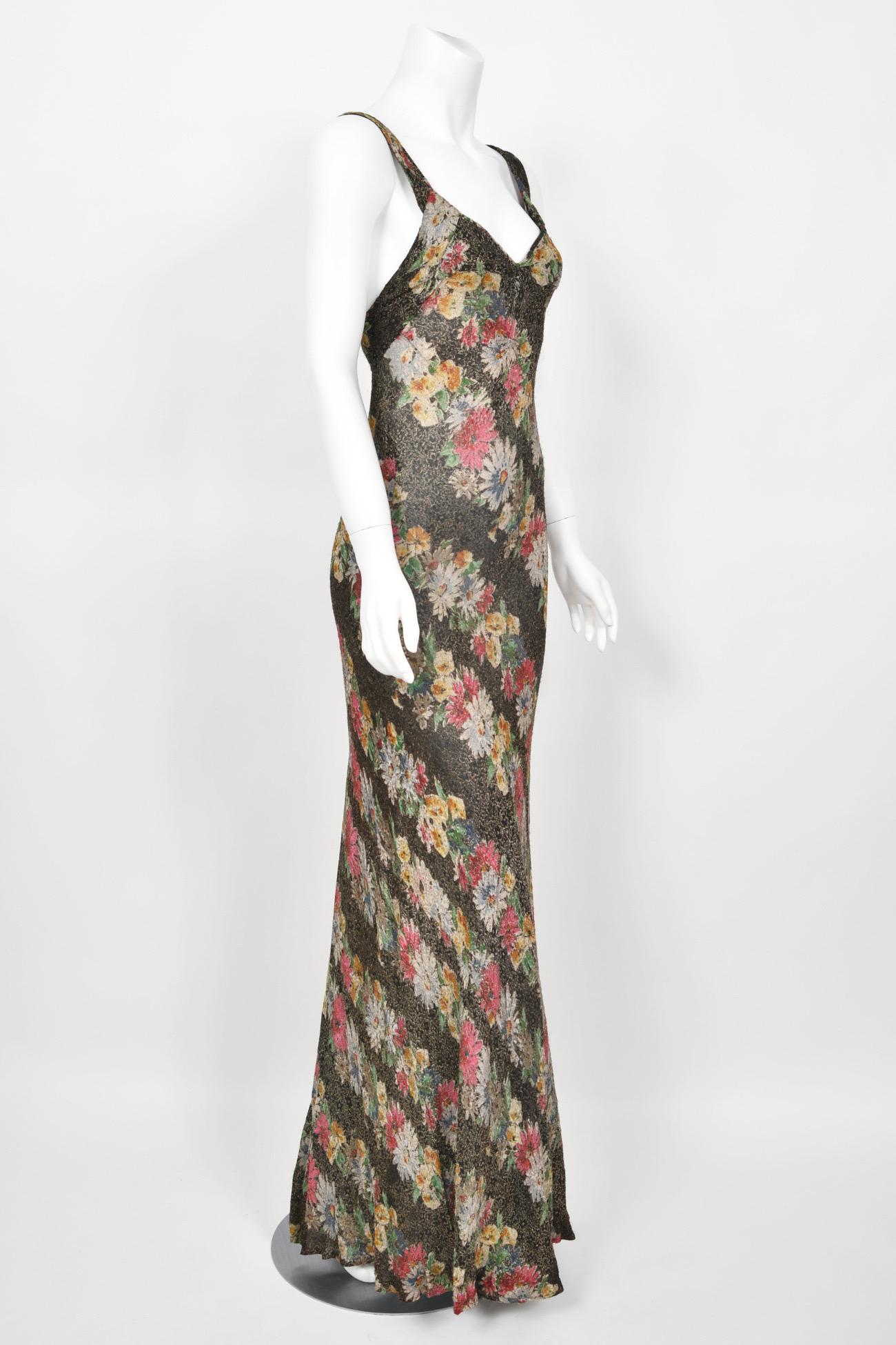 1930's Colorful Metallic Floral Motif Lamé Cut Out Back Hourglass Bias-Cut Gown 4