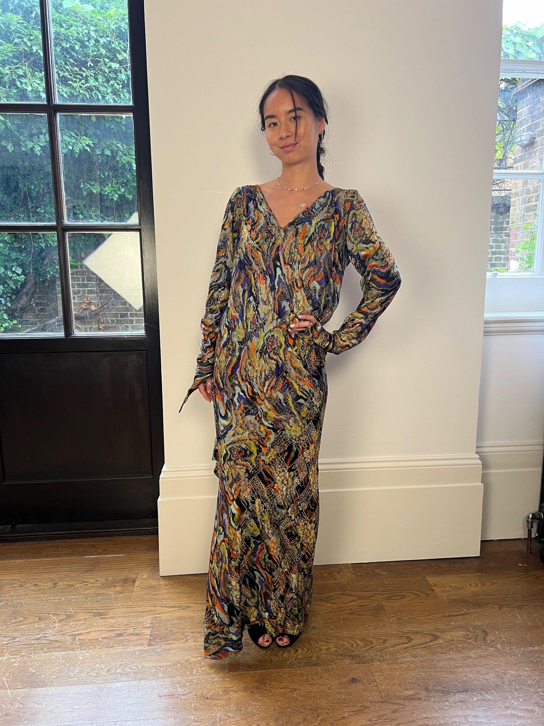 Women's 1930s Colourful Bias Cut Long Sleeve Lame Dress For Sale