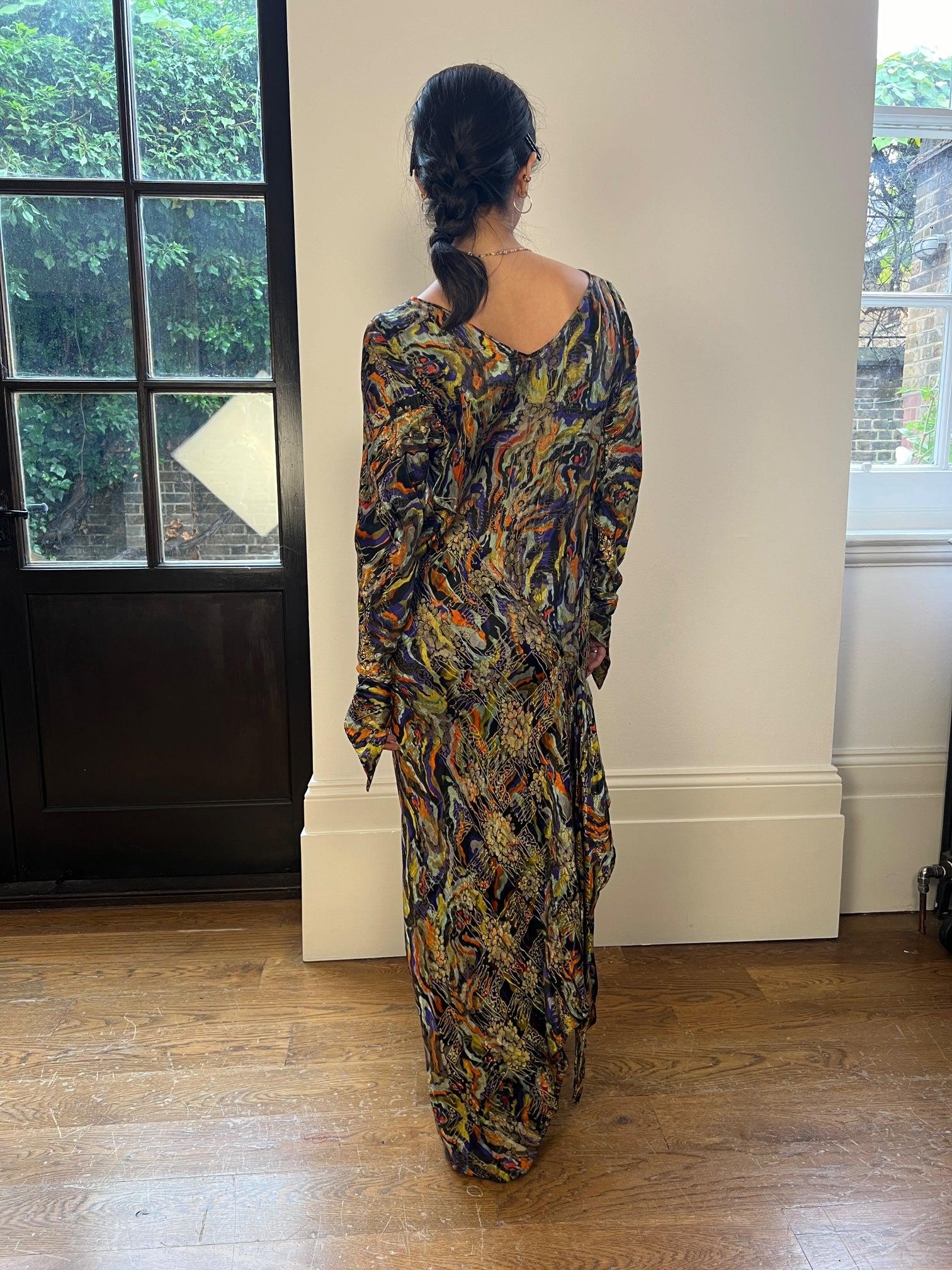 1930s Colourful Bias Cut Long Sleeve Lame Dress For Sale 1