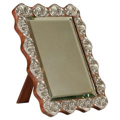 1930's Continental silver and fruitwood easel backed table mirror