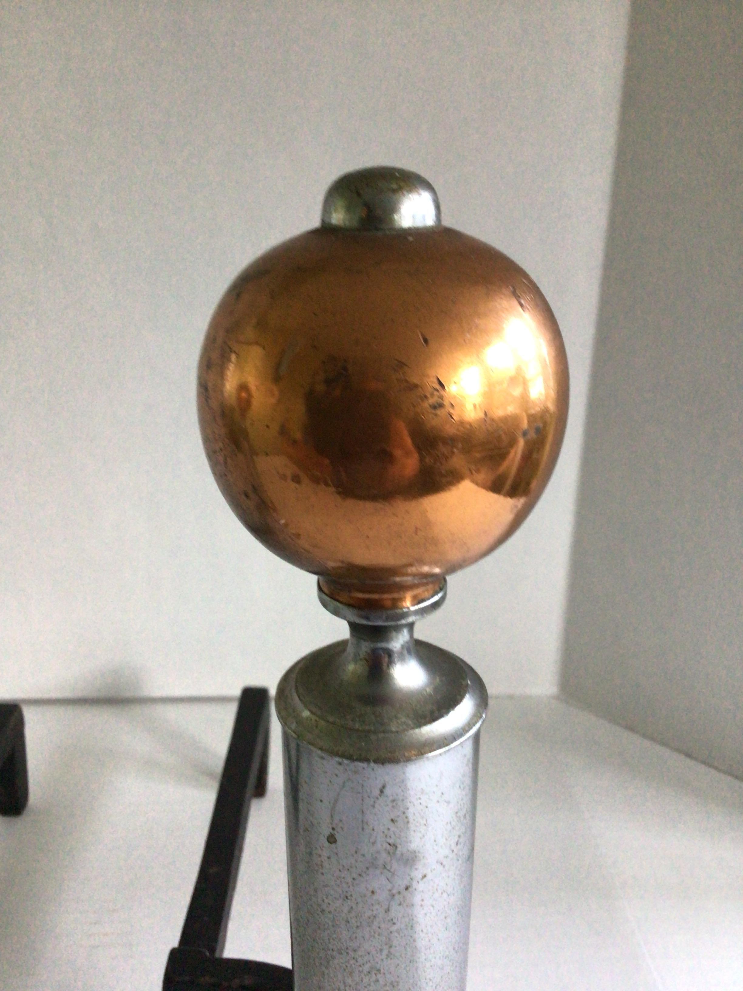 Andirons Art Déco en cuivre et chrome des années 1930 5