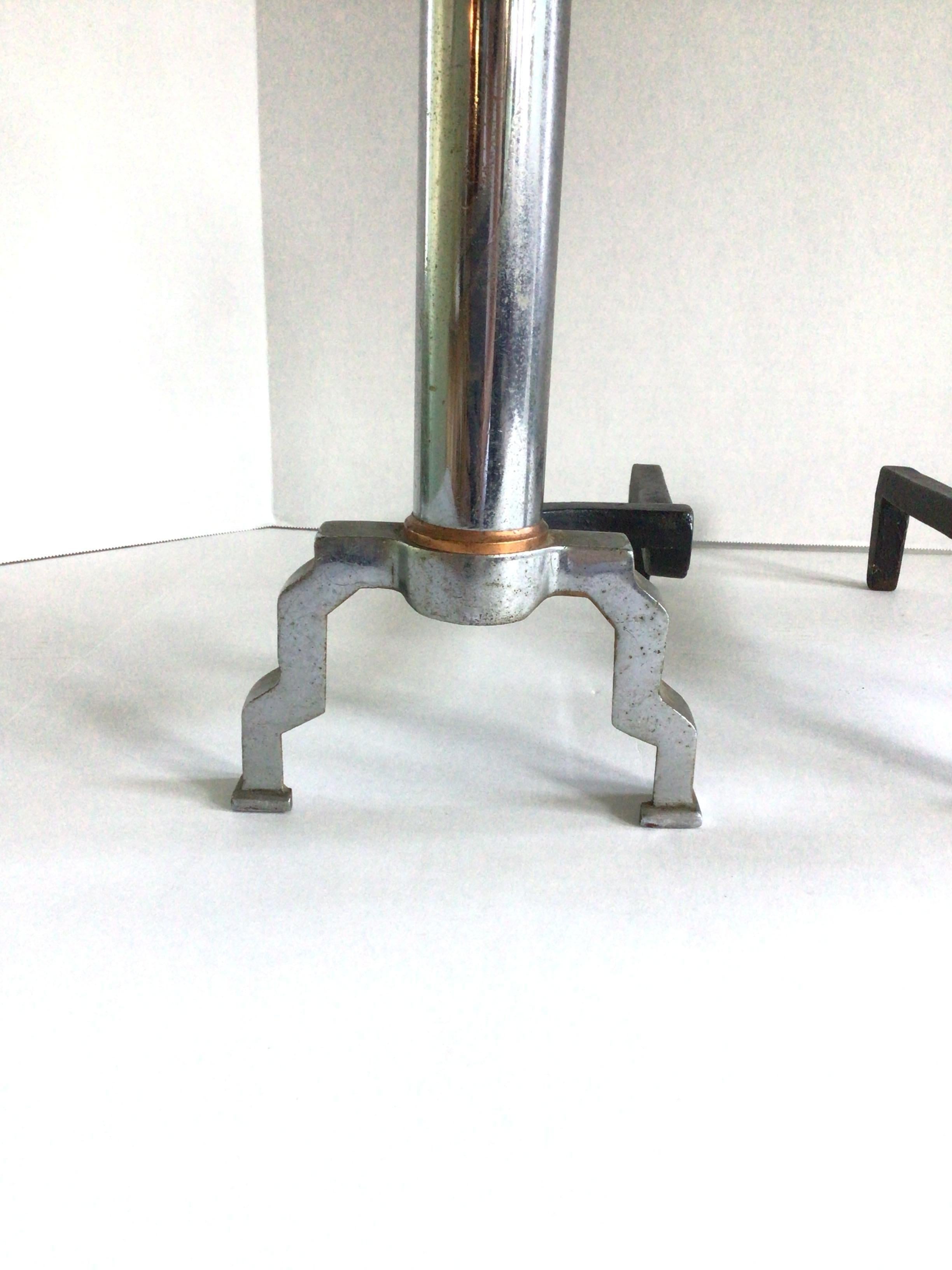 Cuivre Andirons Art Déco en cuivre et chrome des années 1930