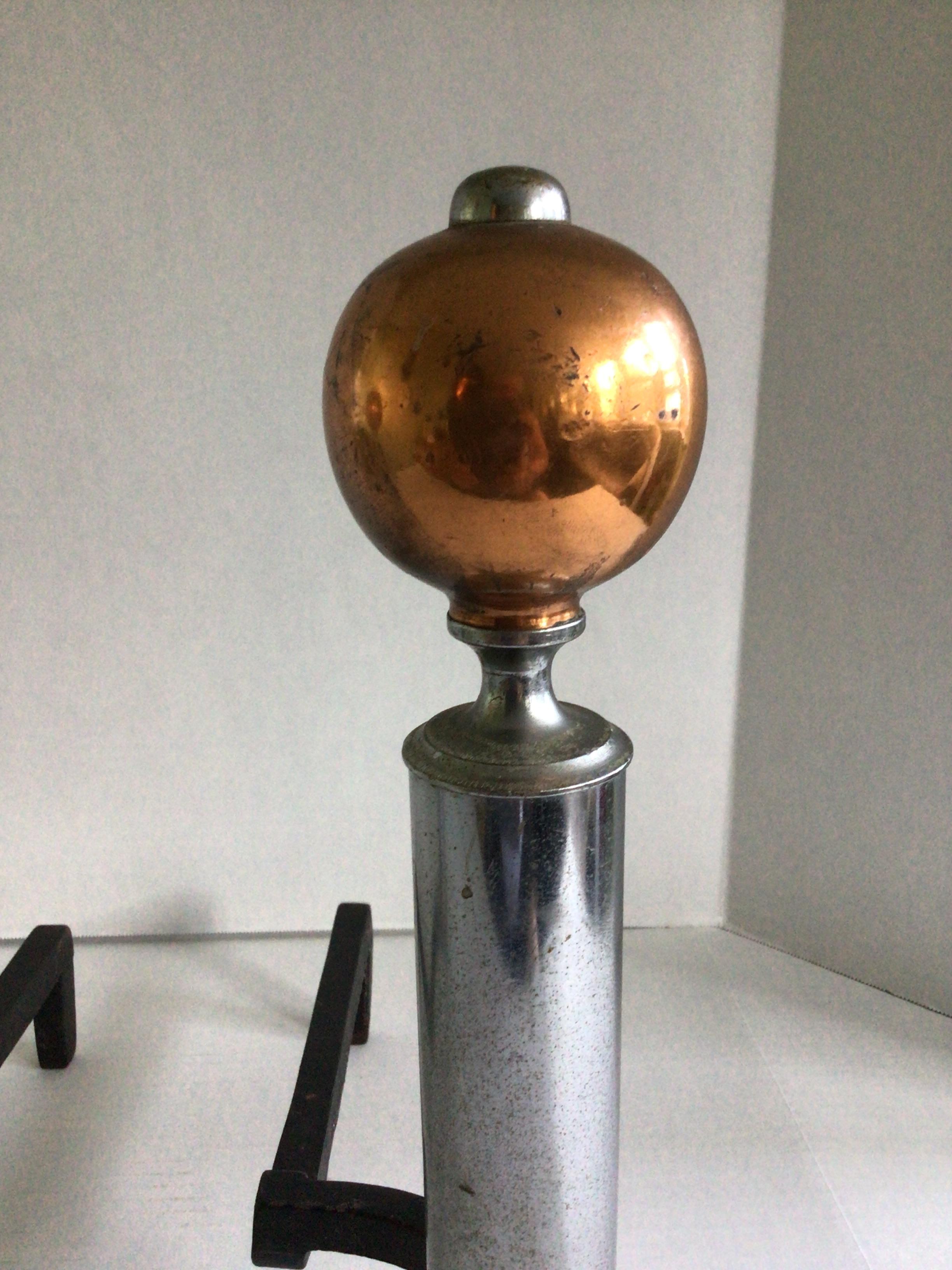 Andirons Art Déco en cuivre et chrome des années 1930 1