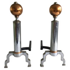 Andirons Art Déco en cuivre et chrome des années 1930