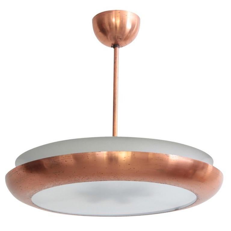 1930s Copper Pendant Lamp with Glass Diffuser Bauhaus