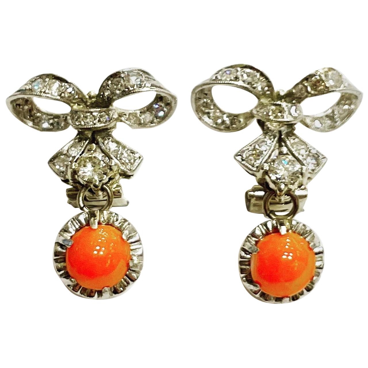 1930s Coral Cabochon Diamonds Clip-On Drop Platinum Earrings
