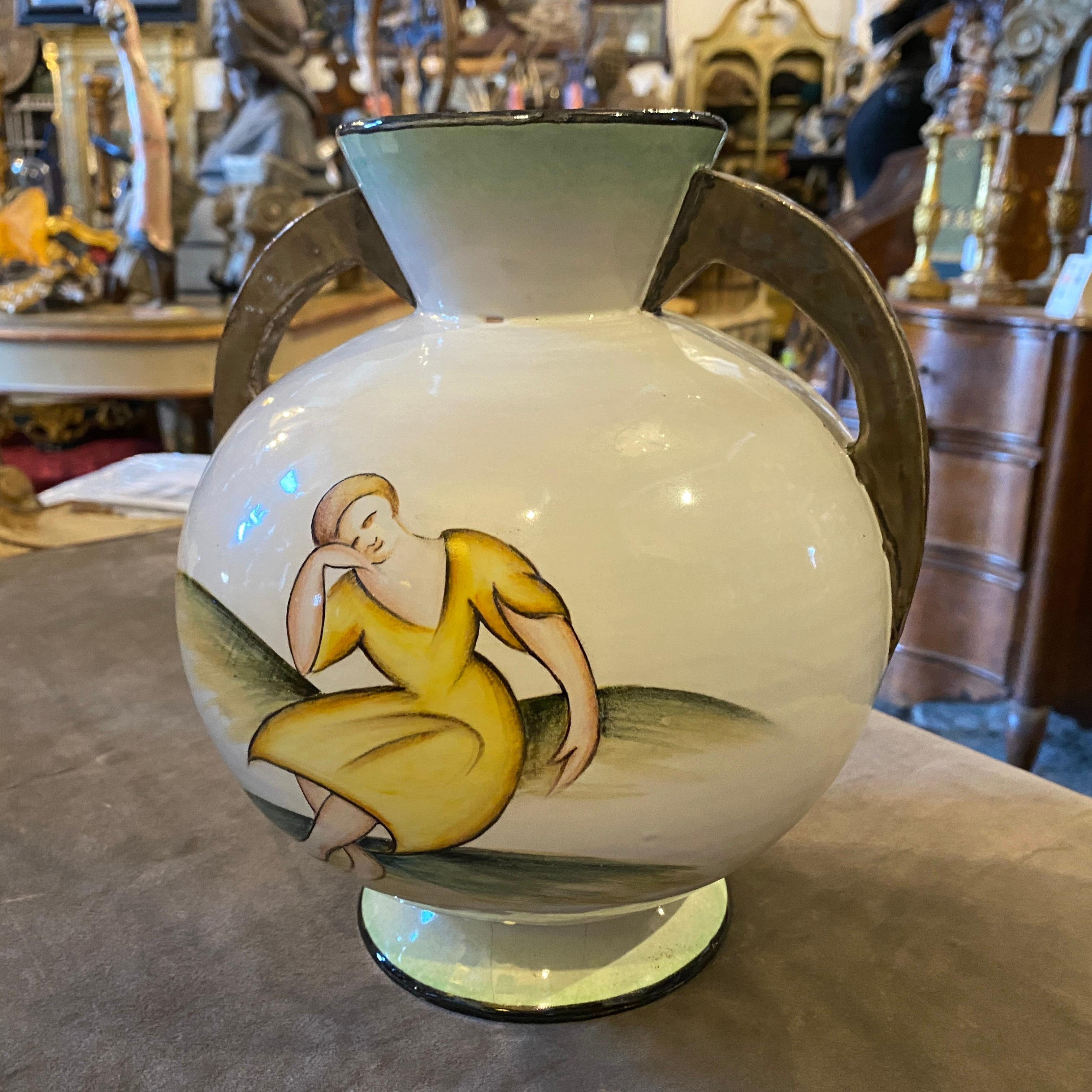 A stylish art deco hand-crafted and decorated ceramic Italian vase by Corrado Francia for Rinaldo Pardi ceramics. Some signs of the age showed in the pics. It's marked on the bottom.