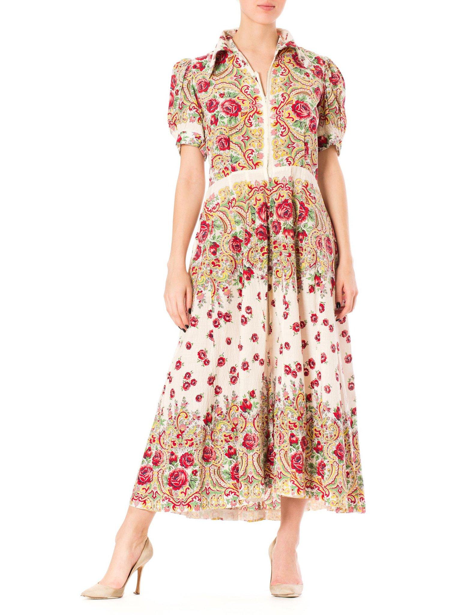 1940S White & Red Cotton Seersucker Bohemian Russian Style Floral Rose Print Short Sleeve House Dress