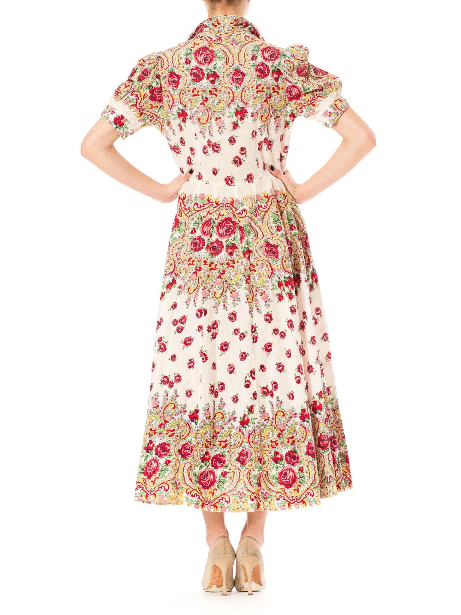 Women's 1940S White & Red Cotton Seersucker Bohemian Russian Style Floral Rose Print Sh For Sale