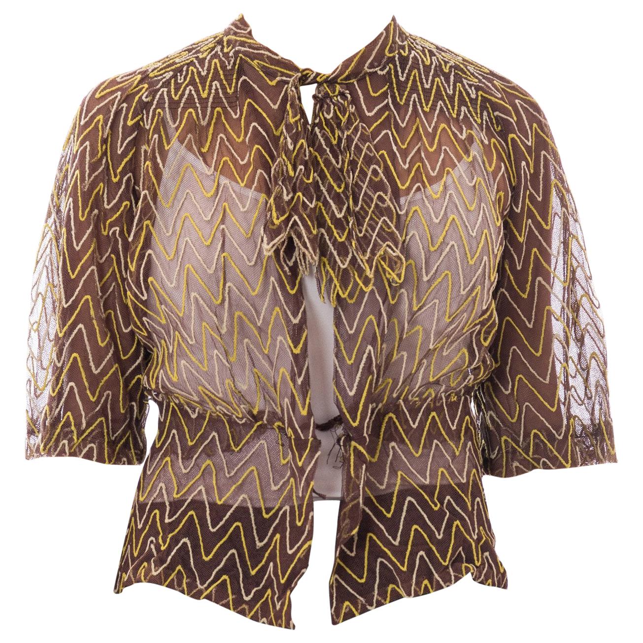 1930S Brown Cotton Net Sheer Bow Neck Blouse Embroidered Chevron Pattern In Gre