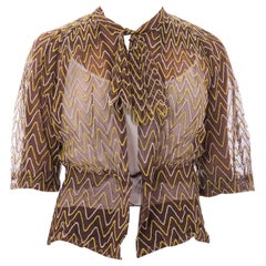 Vintage 1930S Brown Cotton Net Sheer Bow Neck Blouse Embroidered Chevron Pattern In Gre