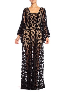1930'S Black Sheer Rayon & Cotton Tulle Gown Covered In Silk Velvet Polka Dots